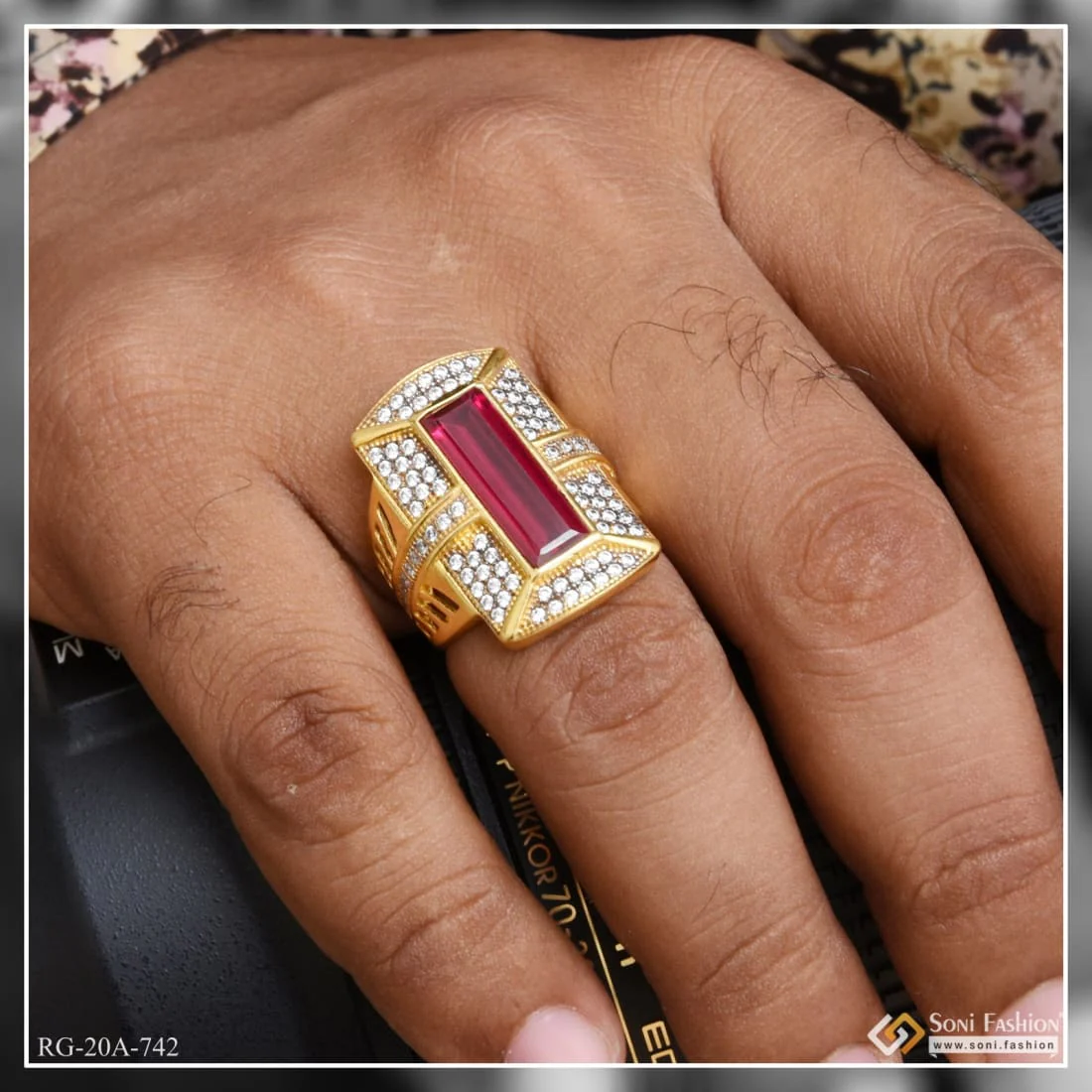 1 Gram Gold Plated Pink Stone with Diamond Delicate Design Ring - Style A742