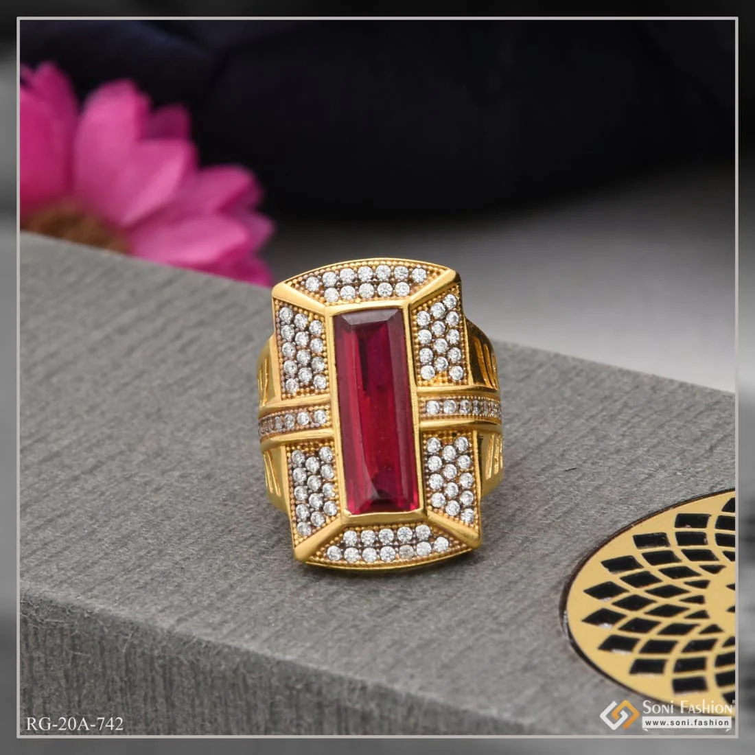 1 Gram Gold Plated Pink Stone with Diamond Delicate Design Ring - Style A742 - Image 3