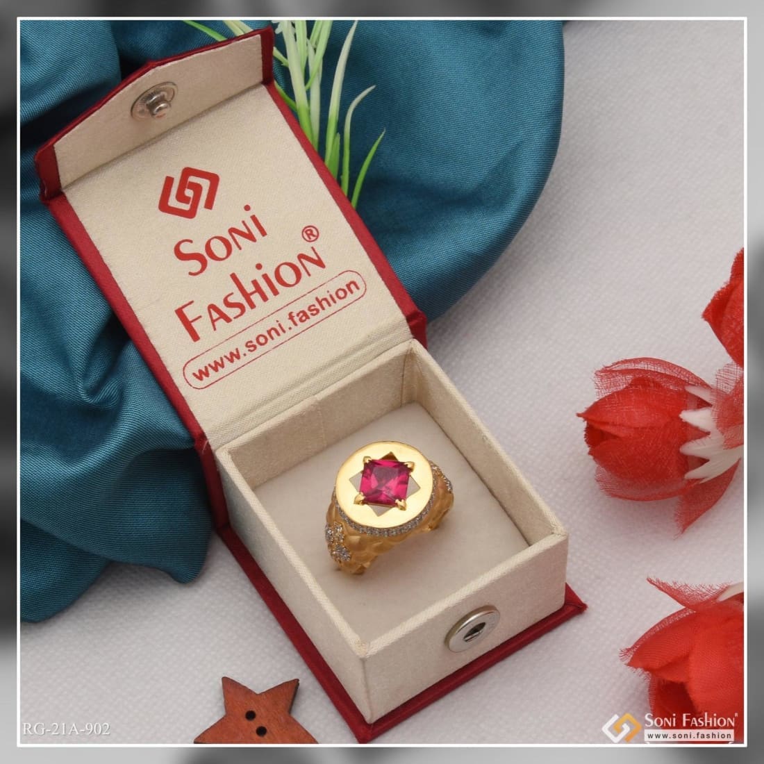 1 Gram Gold Plated Pink Stone With Diamond Gorgeous Design Ring - Style A902 - Image 3