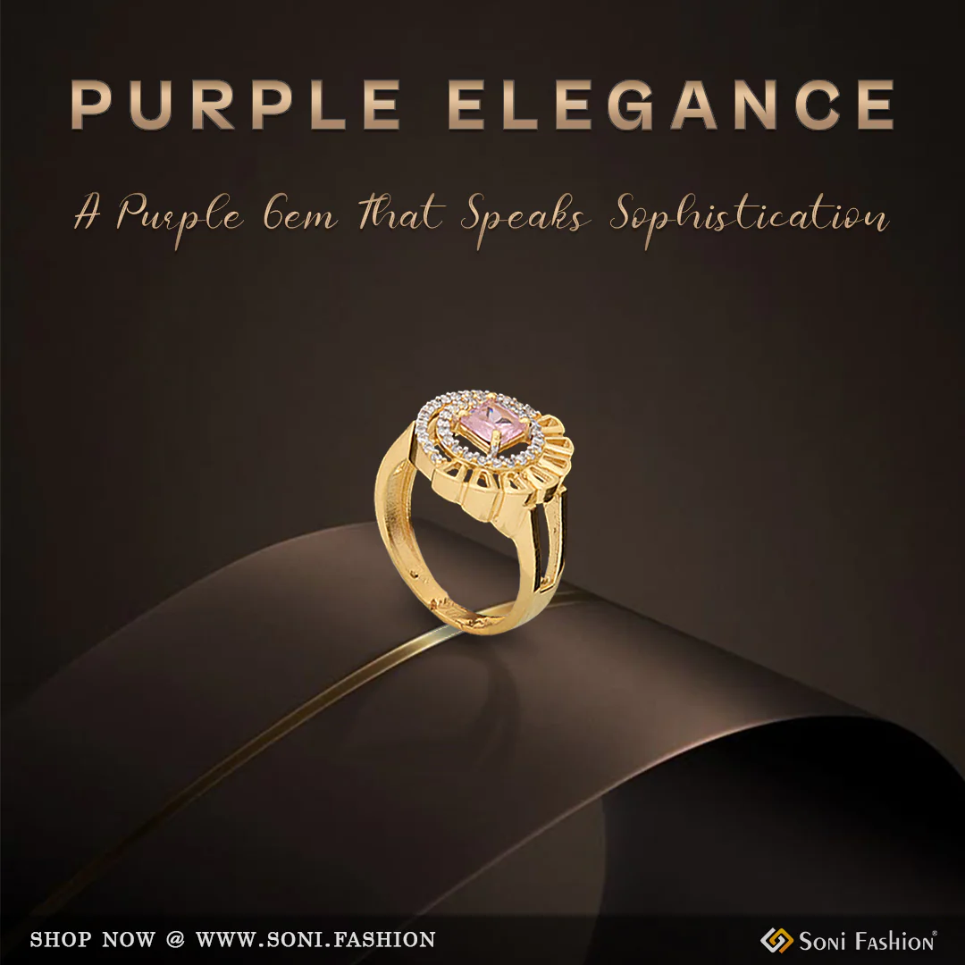 1 Gram Gold Plated Purple Stone With Diamond Designer Ring For Ladies - Style Lrg-090