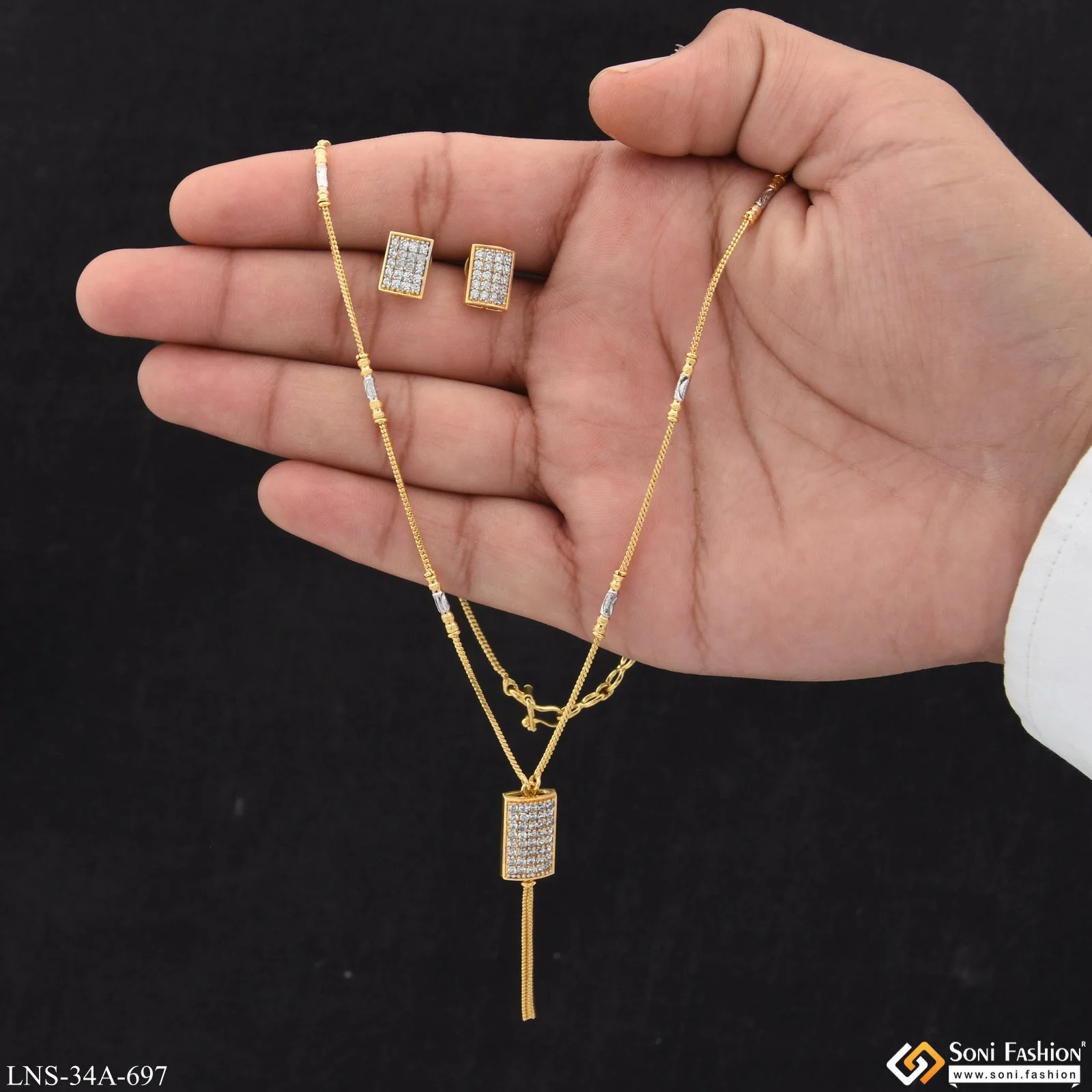 1 Gram Gold Plated Rectangle Pendant Necklace Set For Ladies - Style A697 - Image 3