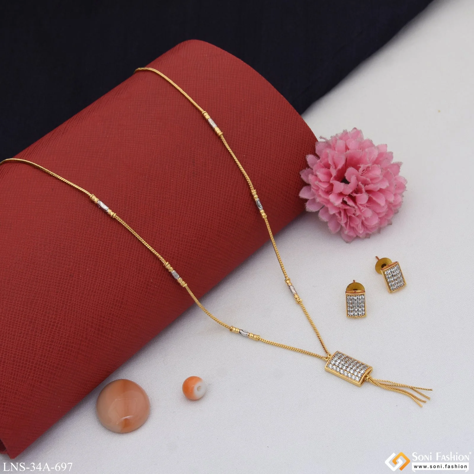 1 Gram Gold Plated Rectangle Pendant Necklace Set For Ladies - Style A697 - Image 4