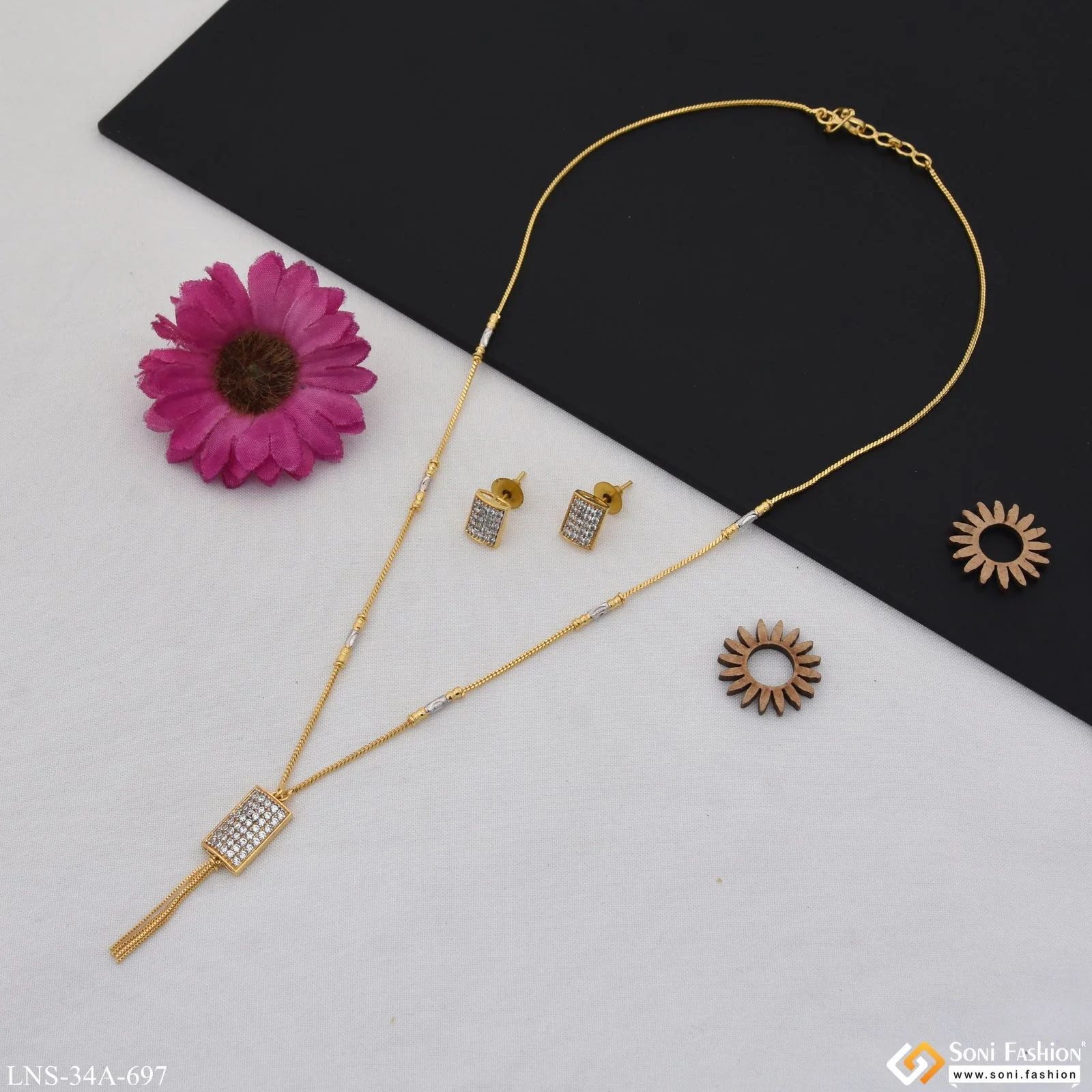 1 Gram Gold Plated Rectangle Pendant Necklace Set For Ladies - Style A697 - Image 5