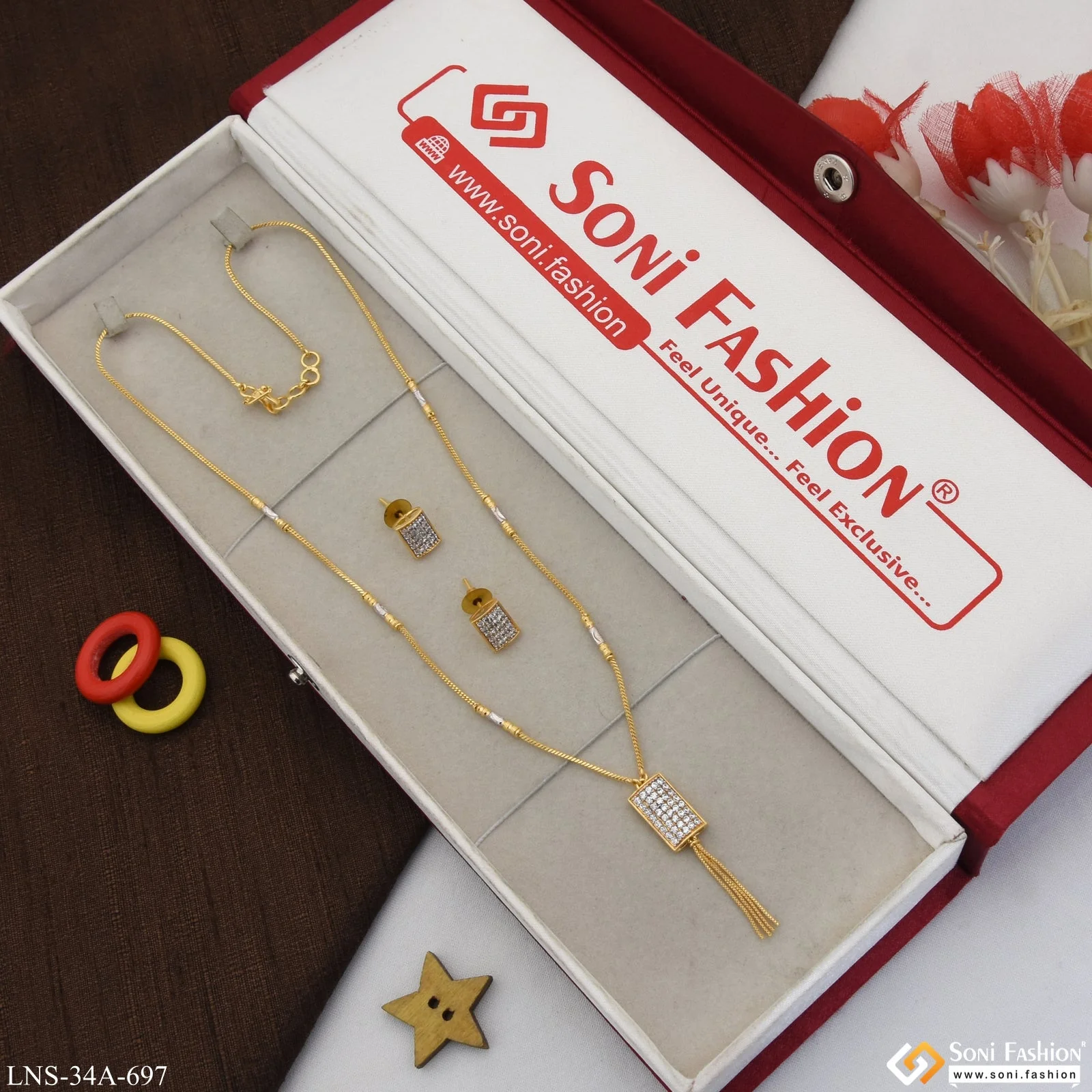 1 Gram Gold Plated Rectangle Pendant Necklace Set For Ladies - Style A697 - Image 6