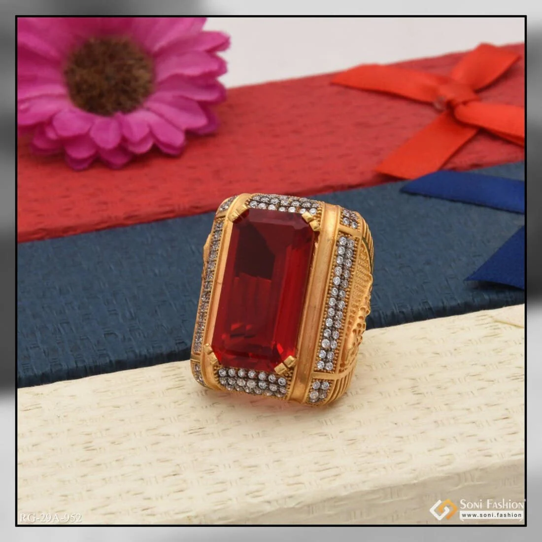 1 Gram Gold Plated Red Colour Jaguar with Diamond Gold Plated Ring - Style A952 - Image 3