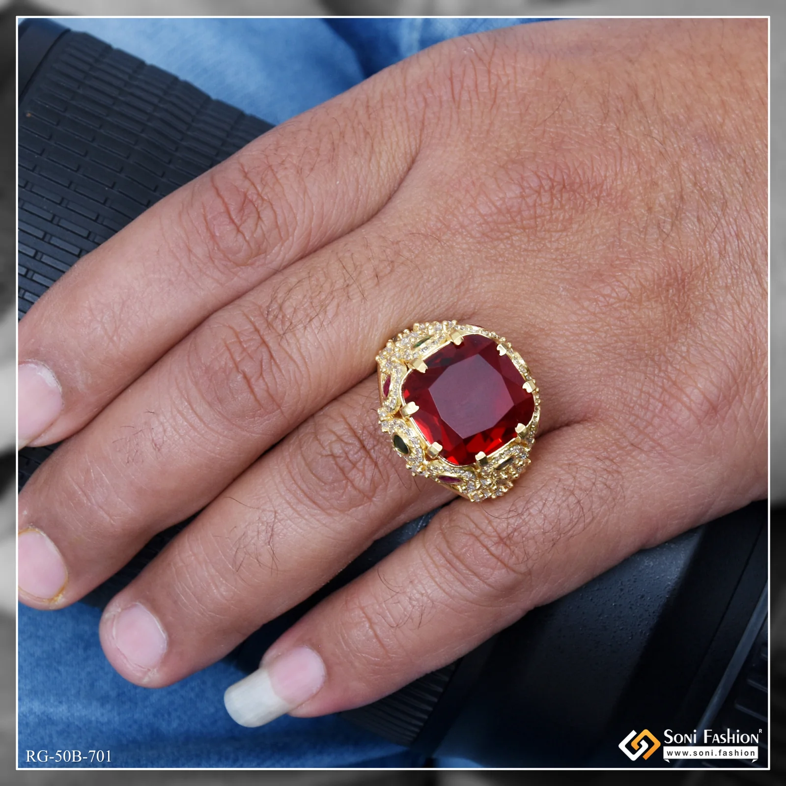 1 Gram Gold Plated Red Stone Amazing Design Ring for Men - Style B701 - Image 2