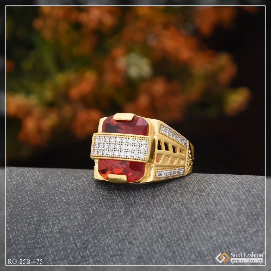 1 Gram Gold Plated Red Stone with Diamond Amazing Design Ring for Men - Style B475 - Image 3
