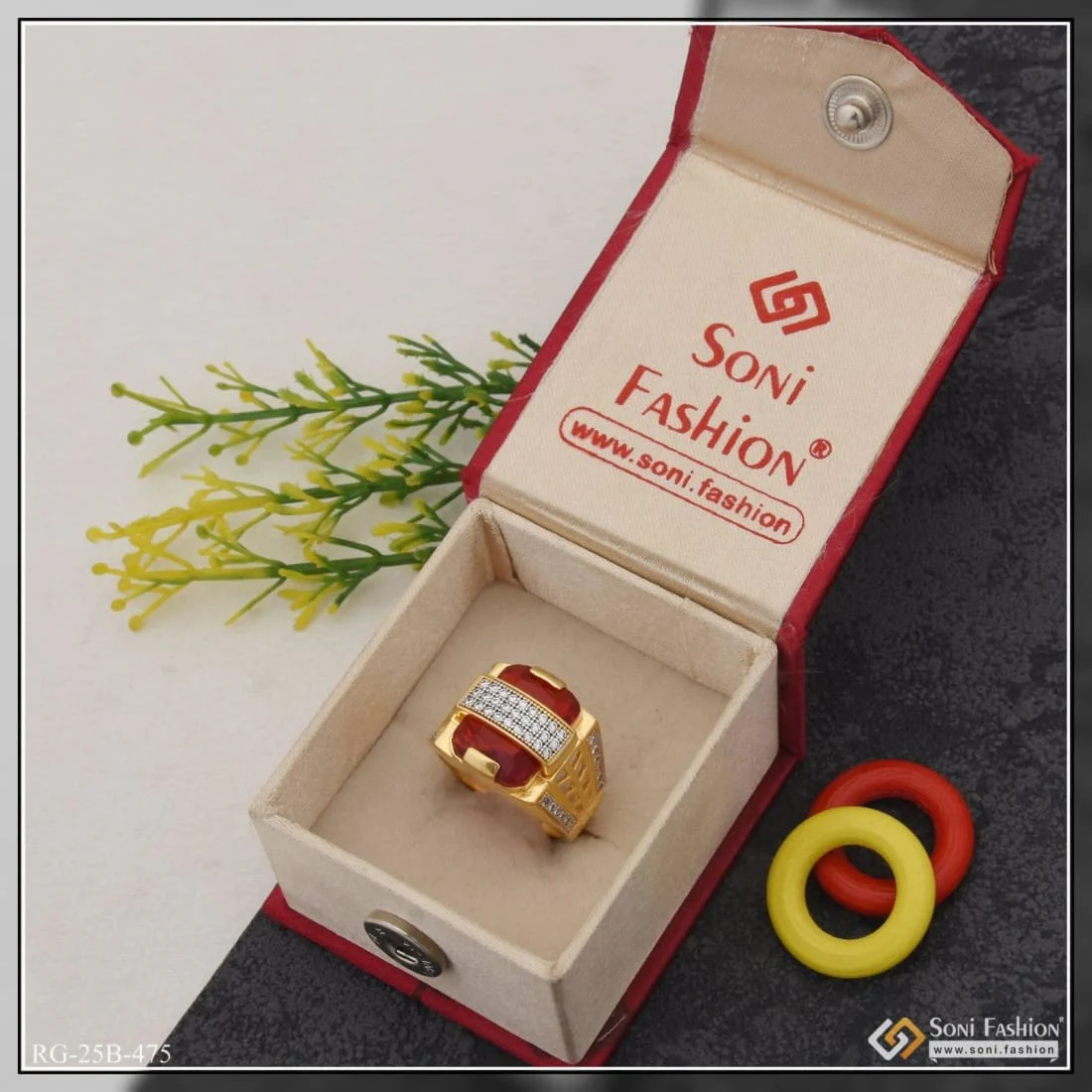 1 Gram Gold Plated Red Stone with Diamond Amazing Design Ring for Men - Style B475 - Image 5