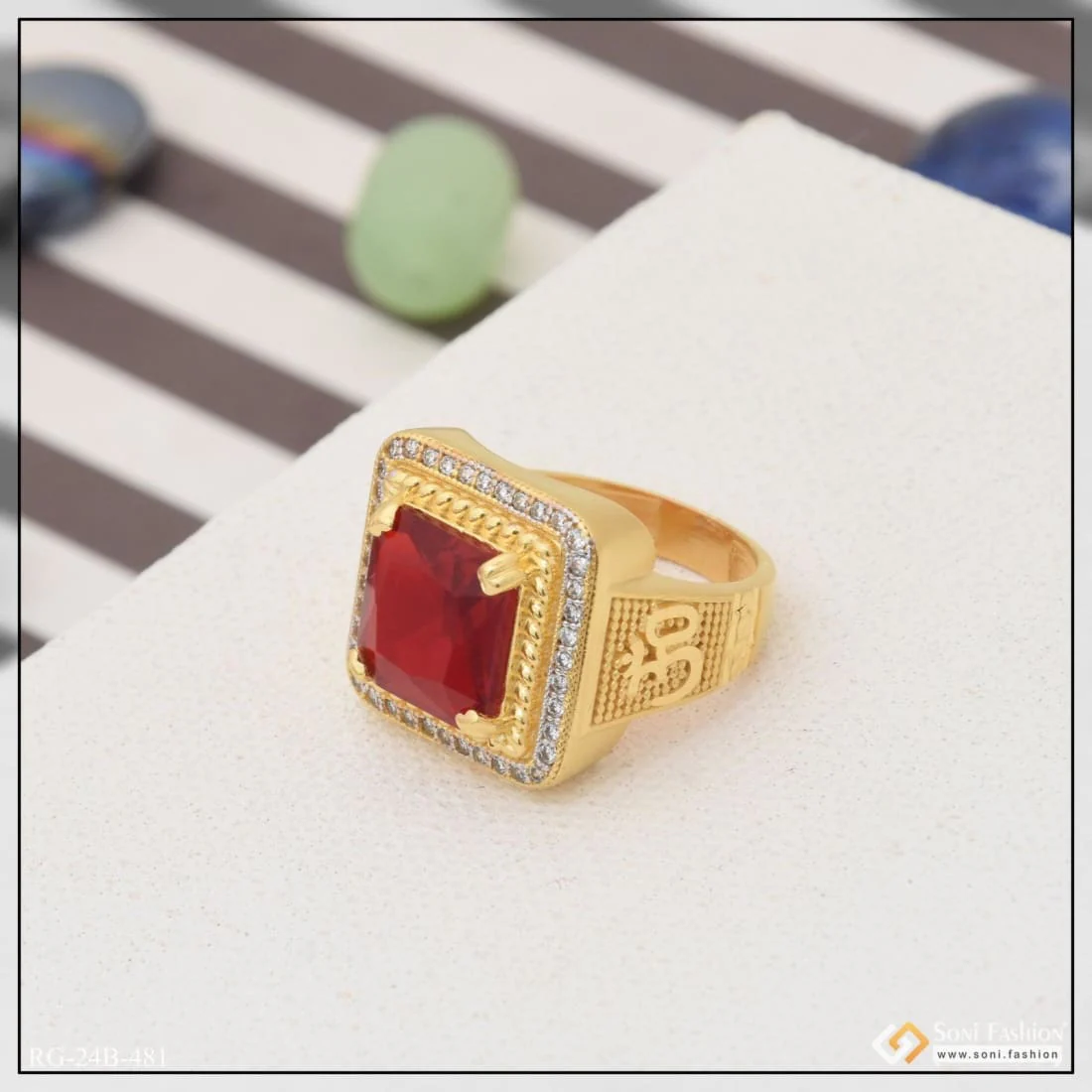 1 Gram Gold Plated Red Stone with Diamond Amazing Design Ring for Men - Style B481 - Image 4