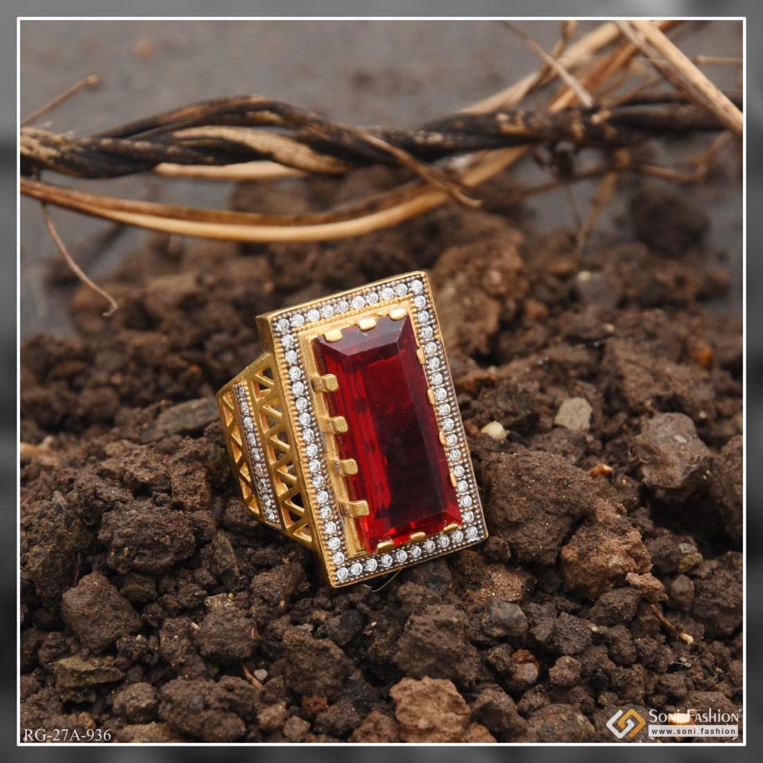 1 Gram Gold Plated Red Stone with Diamond Antique Design Ring for Men - Style A936 - Image 2