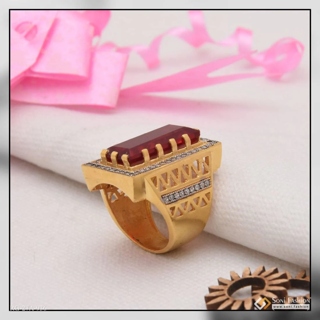 1 Gram Gold Plated Red Stone with Diamond Antique Design Ring for Men - Style A936 - Image 3