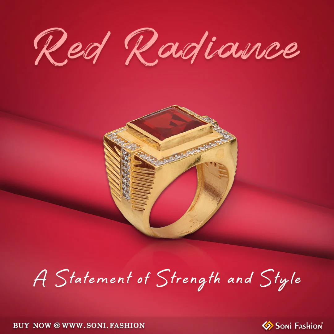1 Gram Gold Plated Red Stone with Diamond Antique Design Ring for Men - Style B179