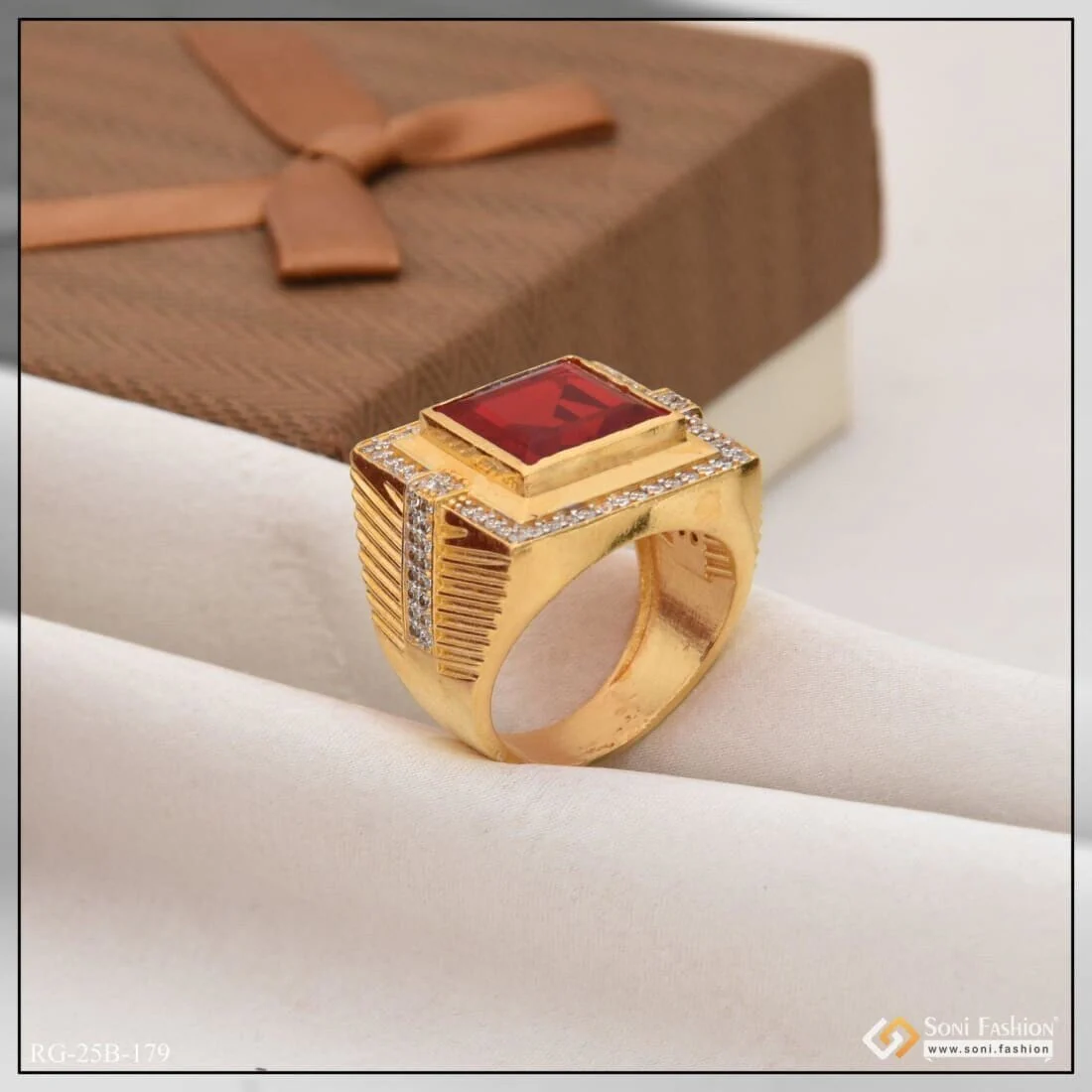 1 Gram Gold Plated Red Stone with Diamond Antique Design Ring for Men - Style B179 - Image 5
