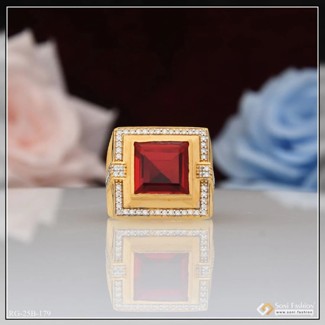 1 Gram Gold Plated Red Stone with Diamond Antique Design Ring for Men - Style B179 - Image 6