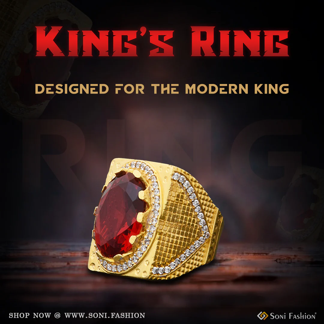 1 Gram Gold Plated Red Stone With Diamond Antique Design Ring For Men - Style B362