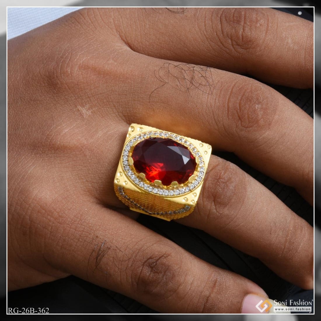 1 Gram Gold Plated Red Stone With Diamond Antique Design Ring For Men - Style B362 - Image 2