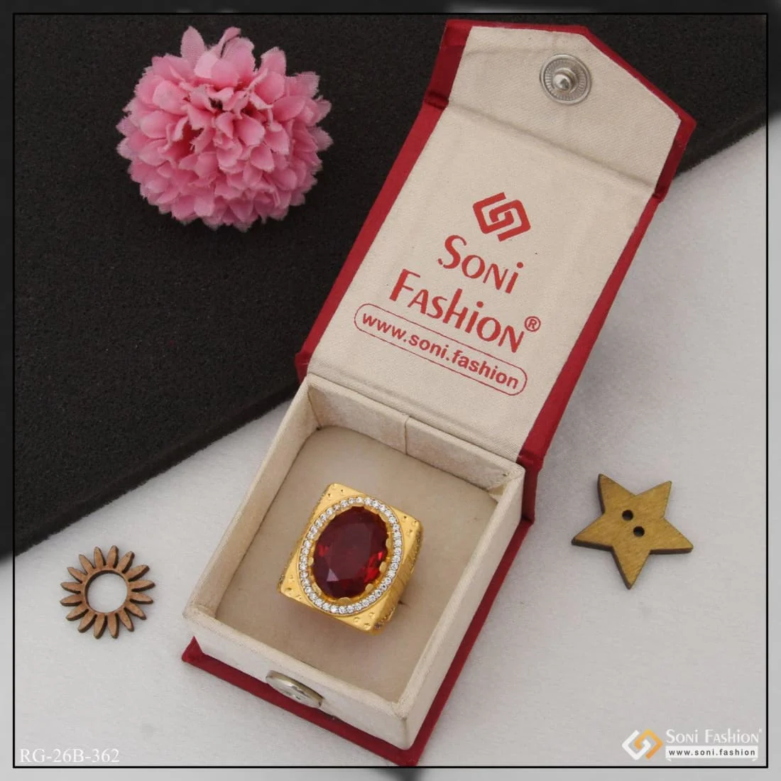 1 Gram Gold Plated Red Stone With Diamond Antique Design Ring For Men - Style B362 - Image 3