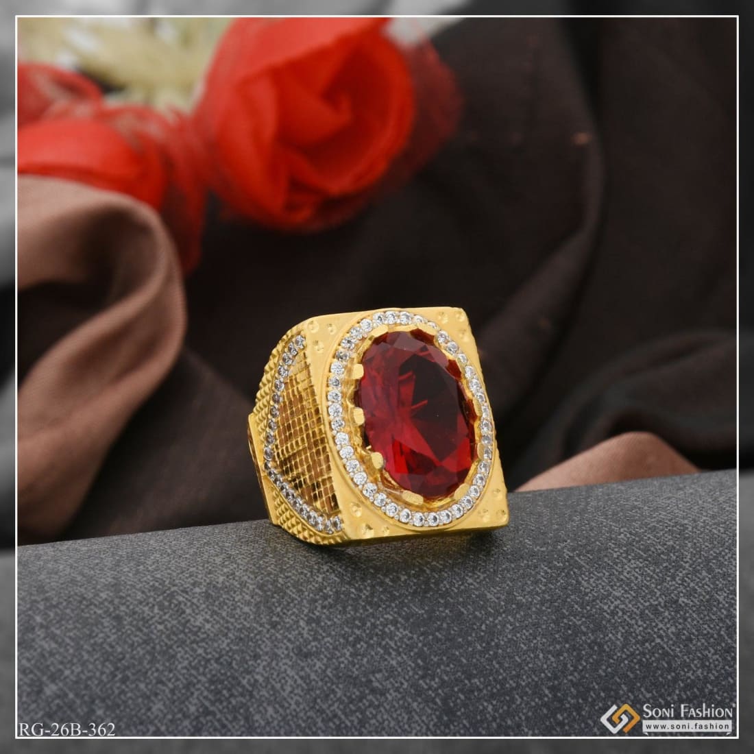 1 Gram Gold Plated Red Stone With Diamond Antique Design Ring For Men - Style B362 - Image 4