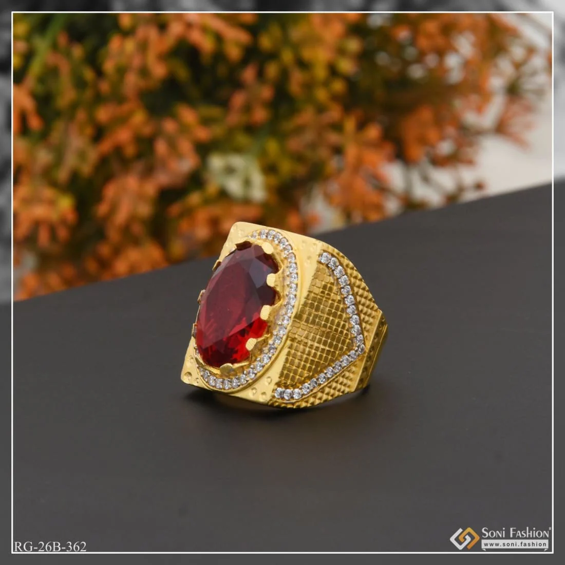 1 Gram Gold Plated Red Stone With Diamond Antique Design Ring For Men - Style B362 - Image 5