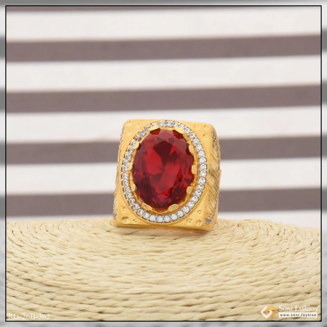 1 Gram Gold Plated Red Stone With Diamond Antique Design Ring For Men - Style B362 - Image 6