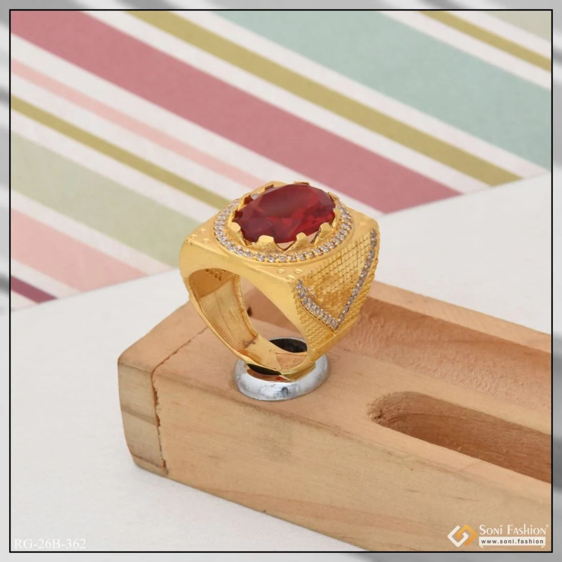 1 Gram Gold Plated Red Stone With Diamond Antique Design Ring For Men - Style B362 - Image 7