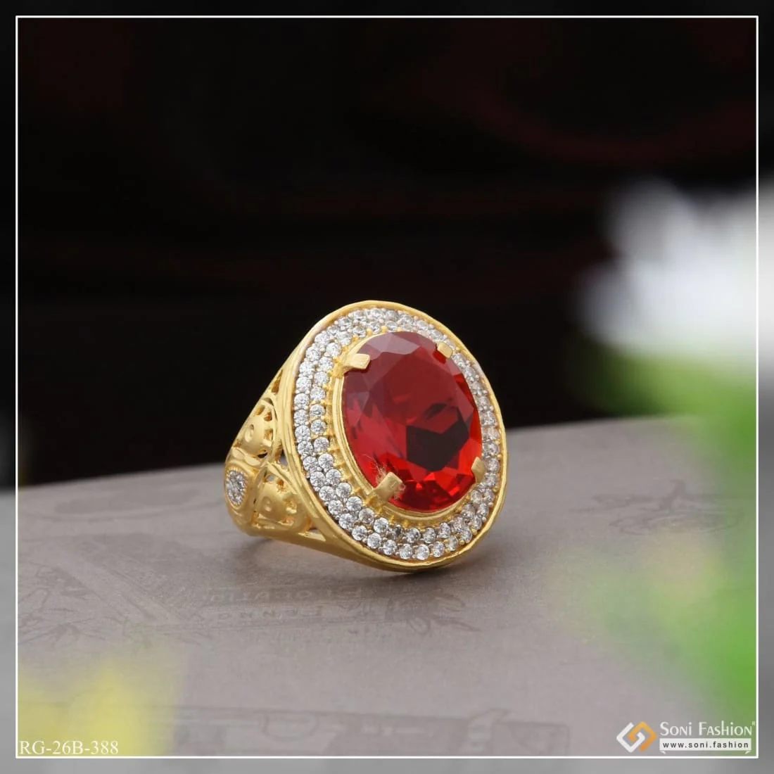 1 Gram Gold Plated Red Stone With Diamond Antique Design Ring For Men - Style B388 - Image 2