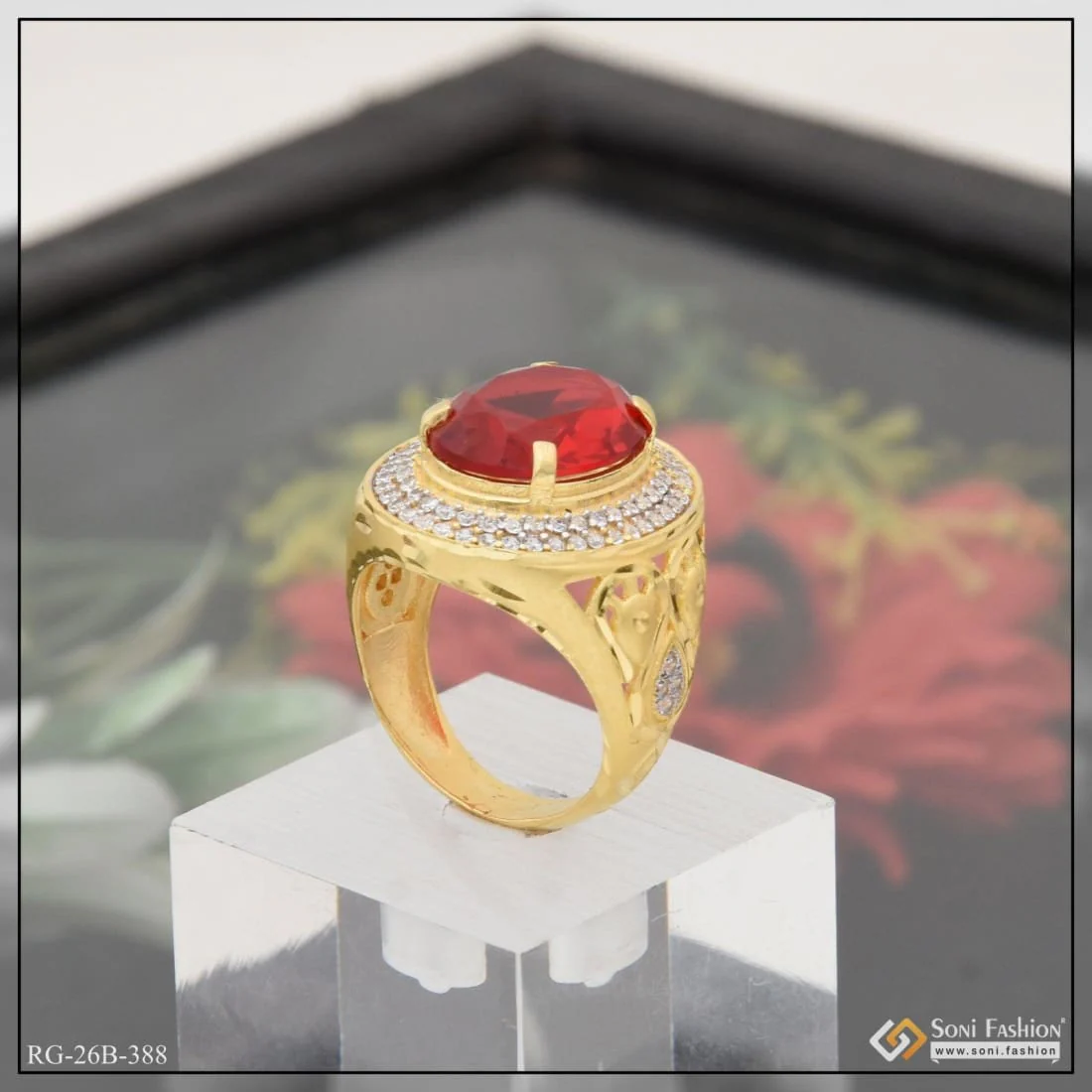 1 Gram Gold Plated Red Stone With Diamond Antique Design Ring For Men - Style B388 - Image 3