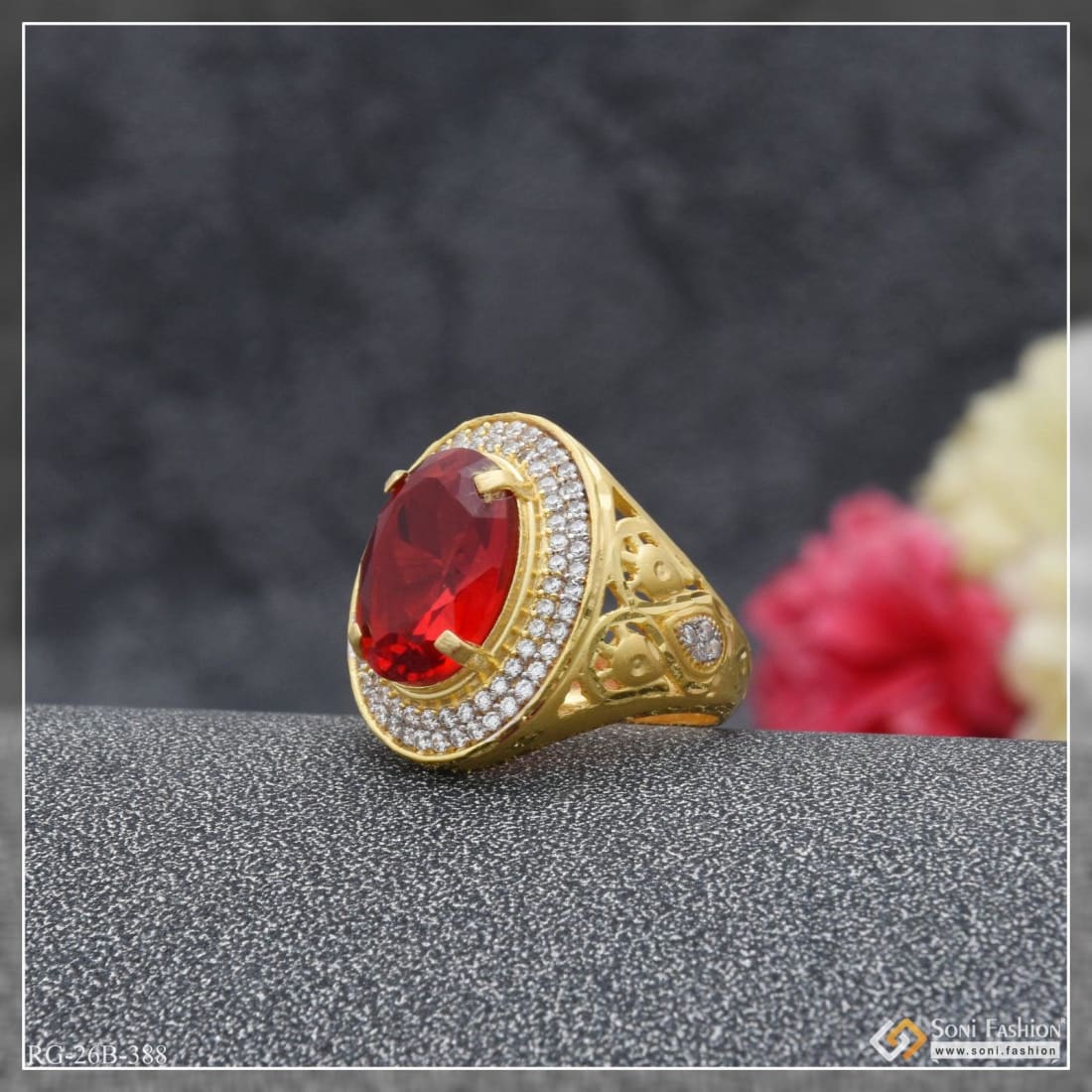 1 Gram Gold Plated Red Stone With Diamond Antique Design Ring For Men - Style B388 - Image 4