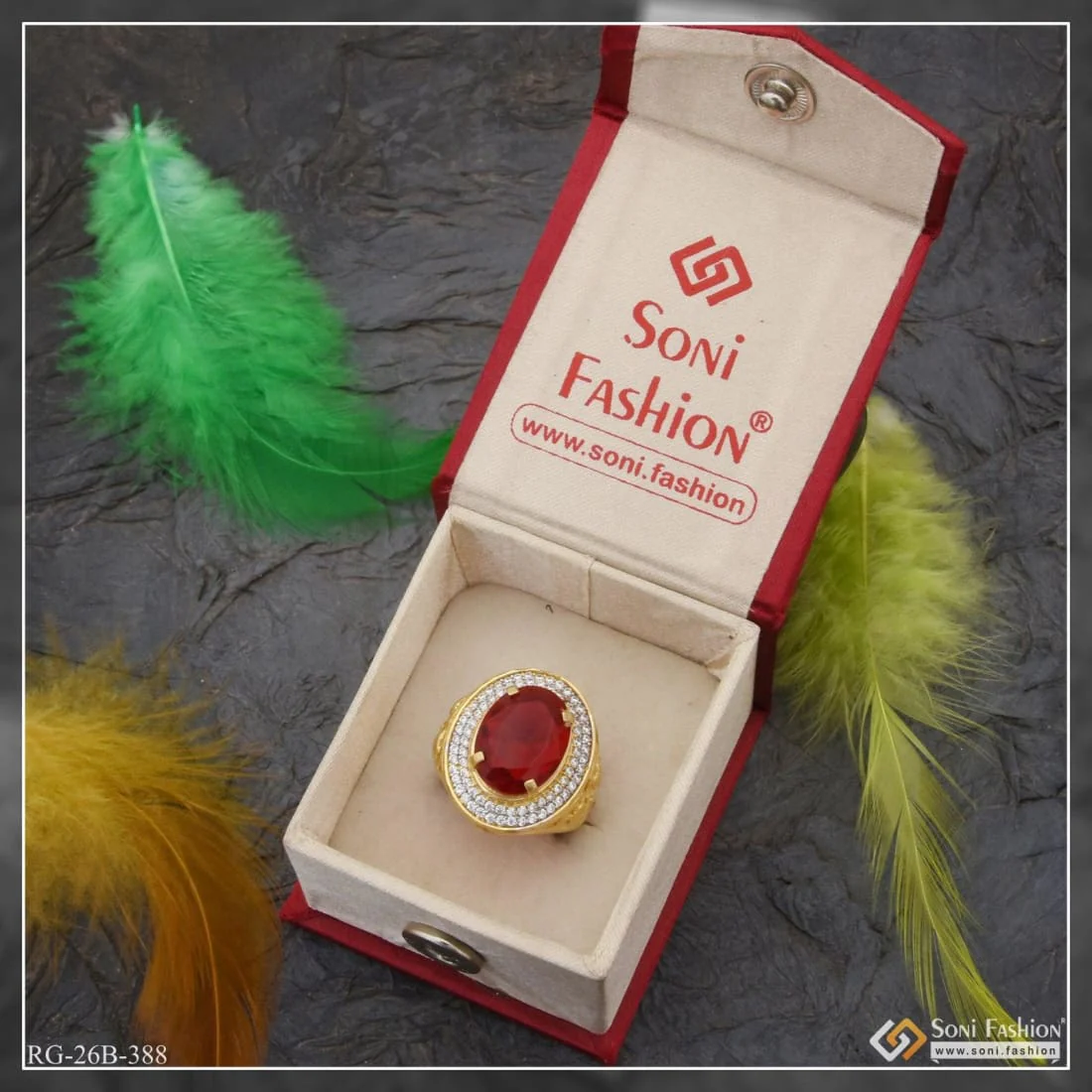 1 Gram Gold Plated Red Stone With Diamond Antique Design Ring For Men - Style B388 - Image 5