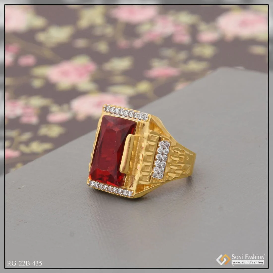 1 Gram Gold Plated Red Stone with Diamond Antique Design Ring for Men - Style B435 - Image 5