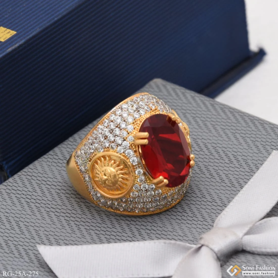 1 Gram Gold Plated Red Stone with Diamond Antique Design Ring - Style A275 - Image 2