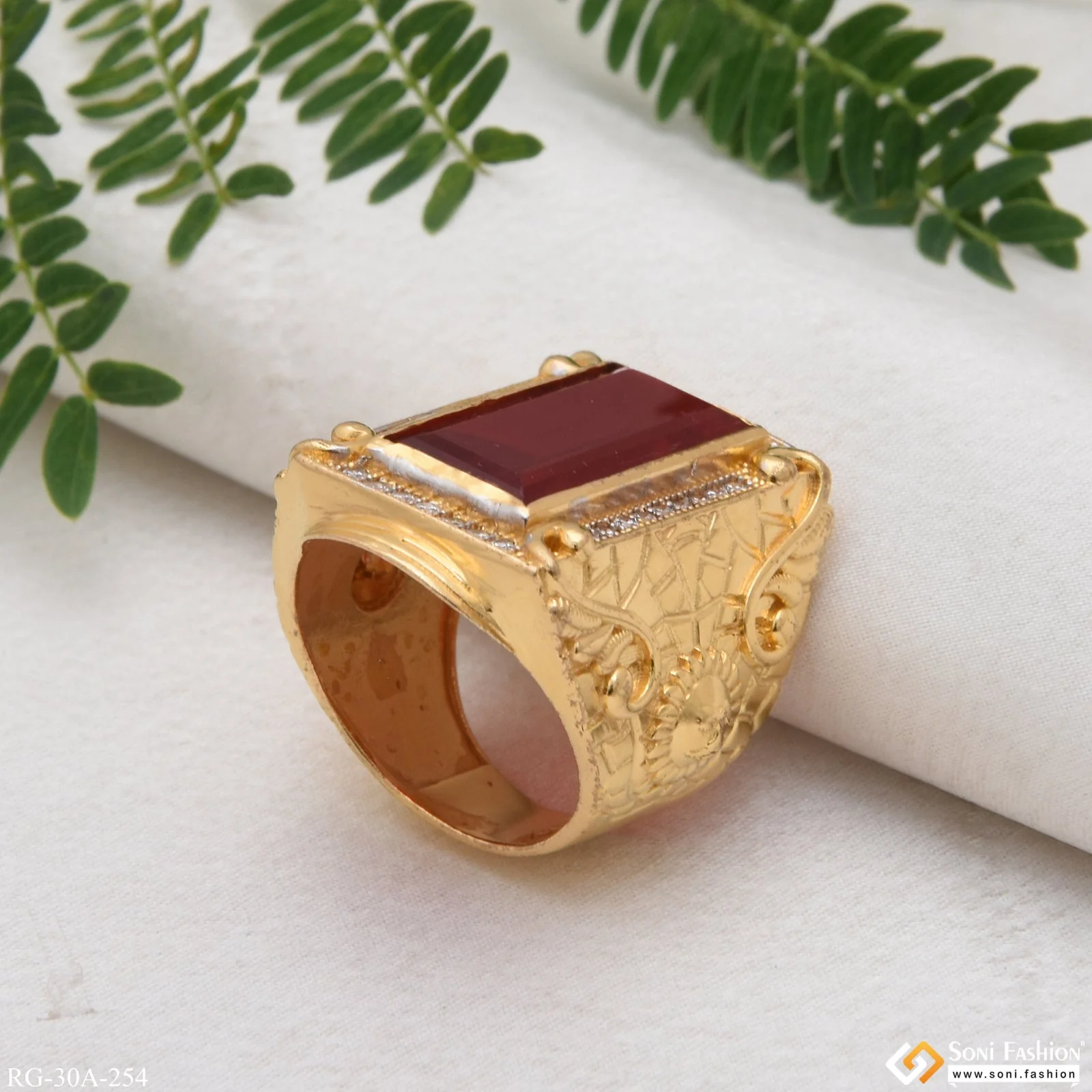 1 Gram Gold Plated Red Stone with Diamond Best Quality Ring for Men - Style A254 - Image 2