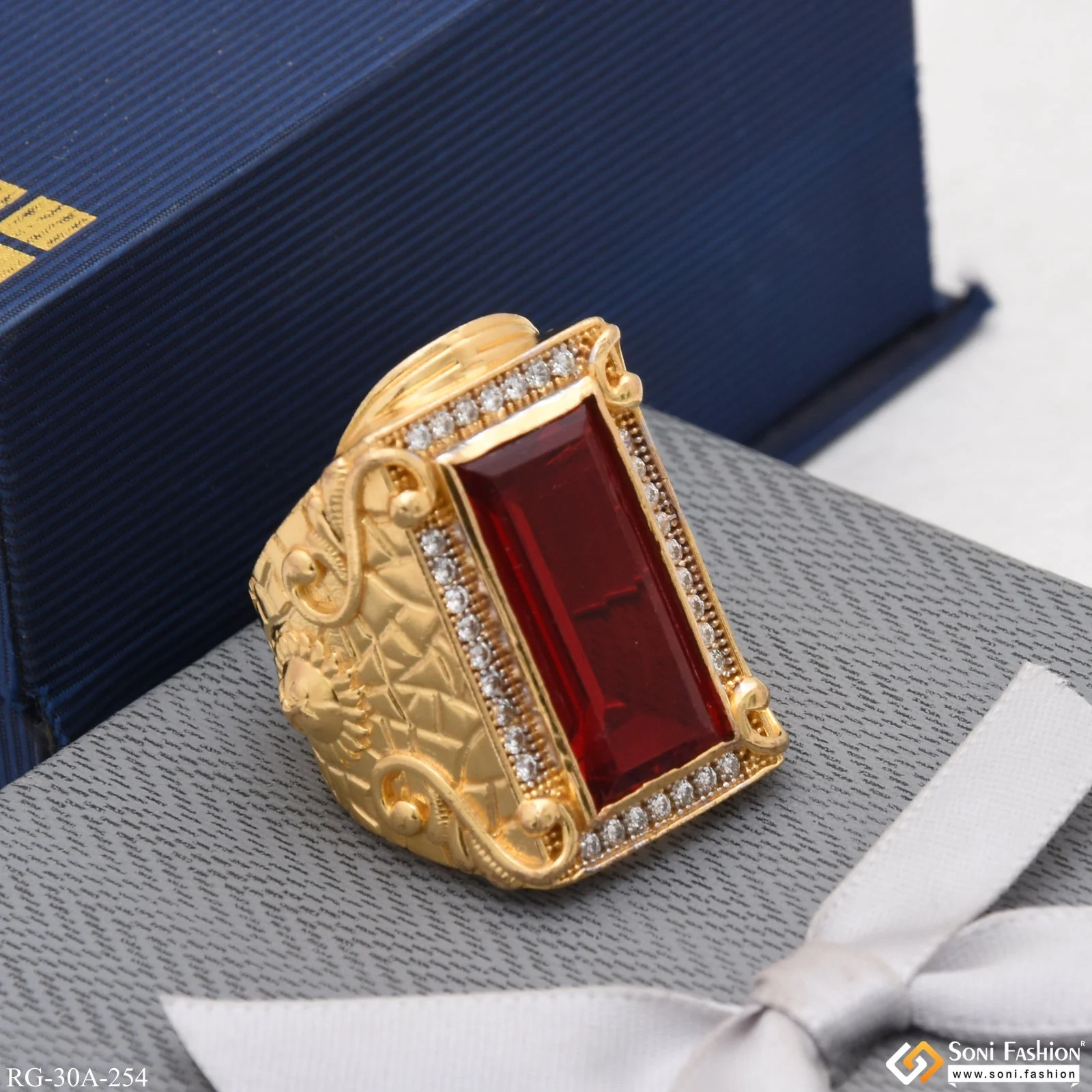 1 Gram Gold Plated Red Stone with Diamond Best Quality Ring for Men - Style A254 - Image 3