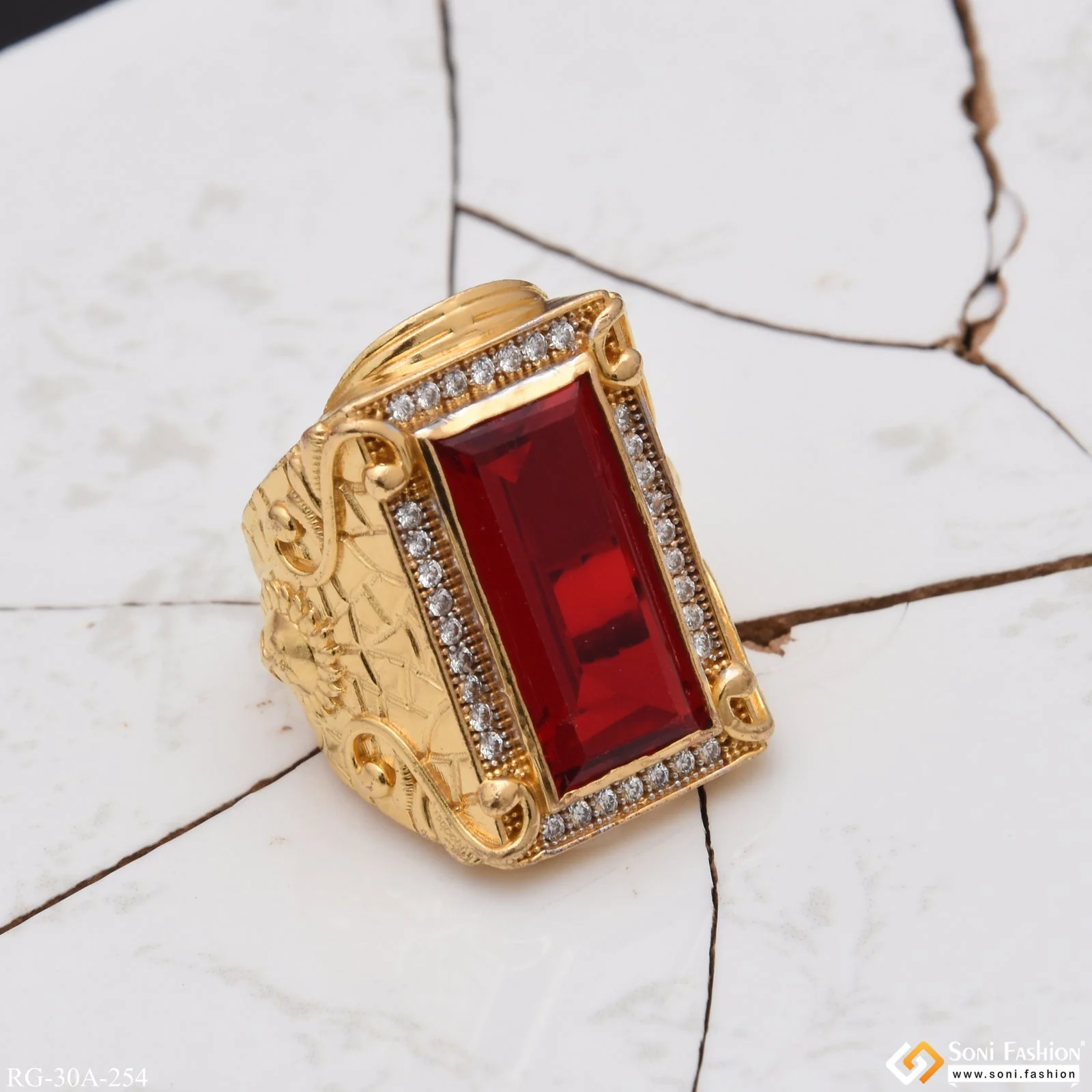1 Gram Gold Plated Red Stone with Diamond Best Quality Ring for Men - Style A254 - Image 6