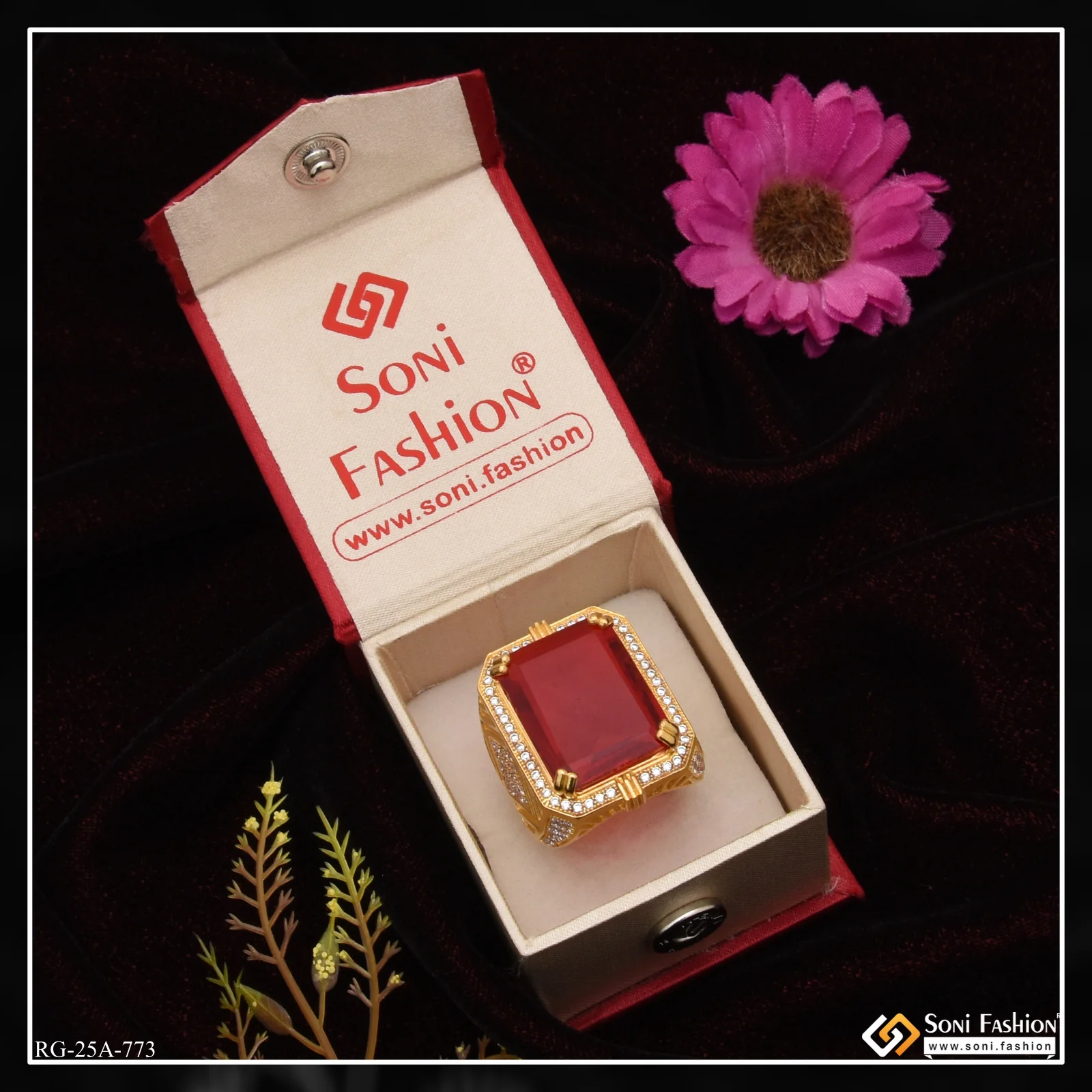 1 Gram Gold Plated Red Stone with Diamond Best Quality Ring for Men - Style A773 - Image 2