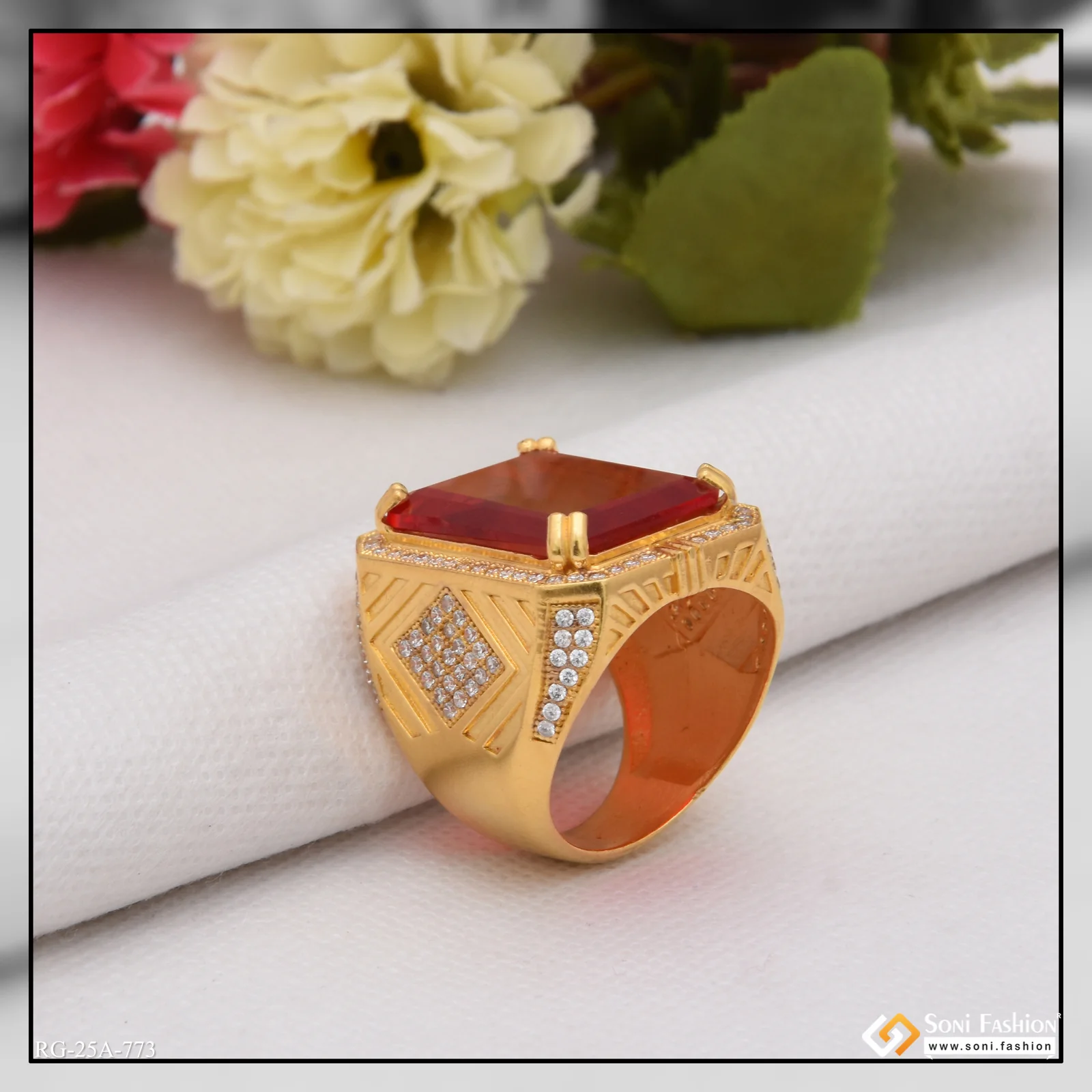 1 Gram Gold Plated Red Stone with Diamond Best Quality Ring for Men - Style A773 - Image 3