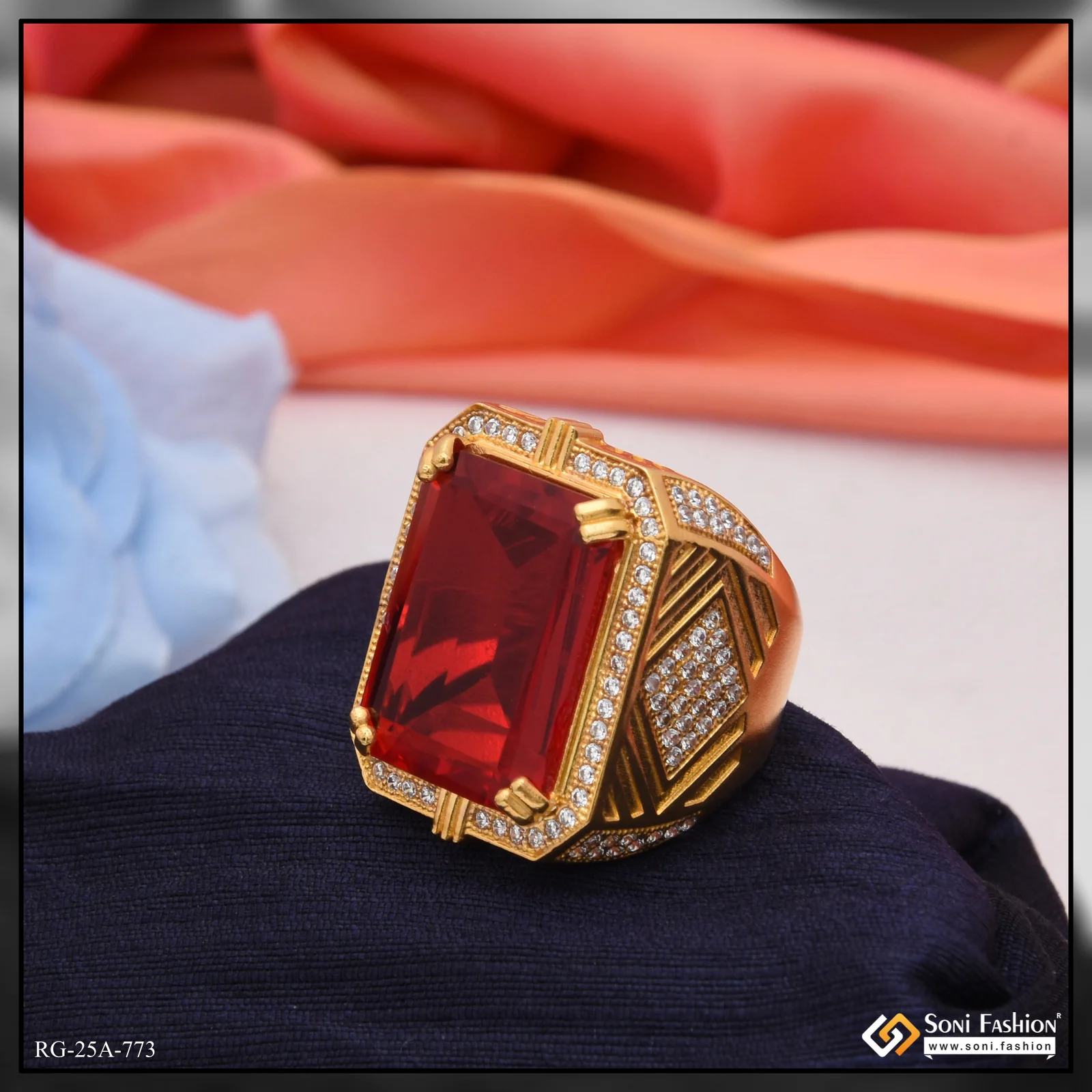 1 Gram Gold Plated Red Stone with Diamond Best Quality Ring for Men - Style A773 - Image 4