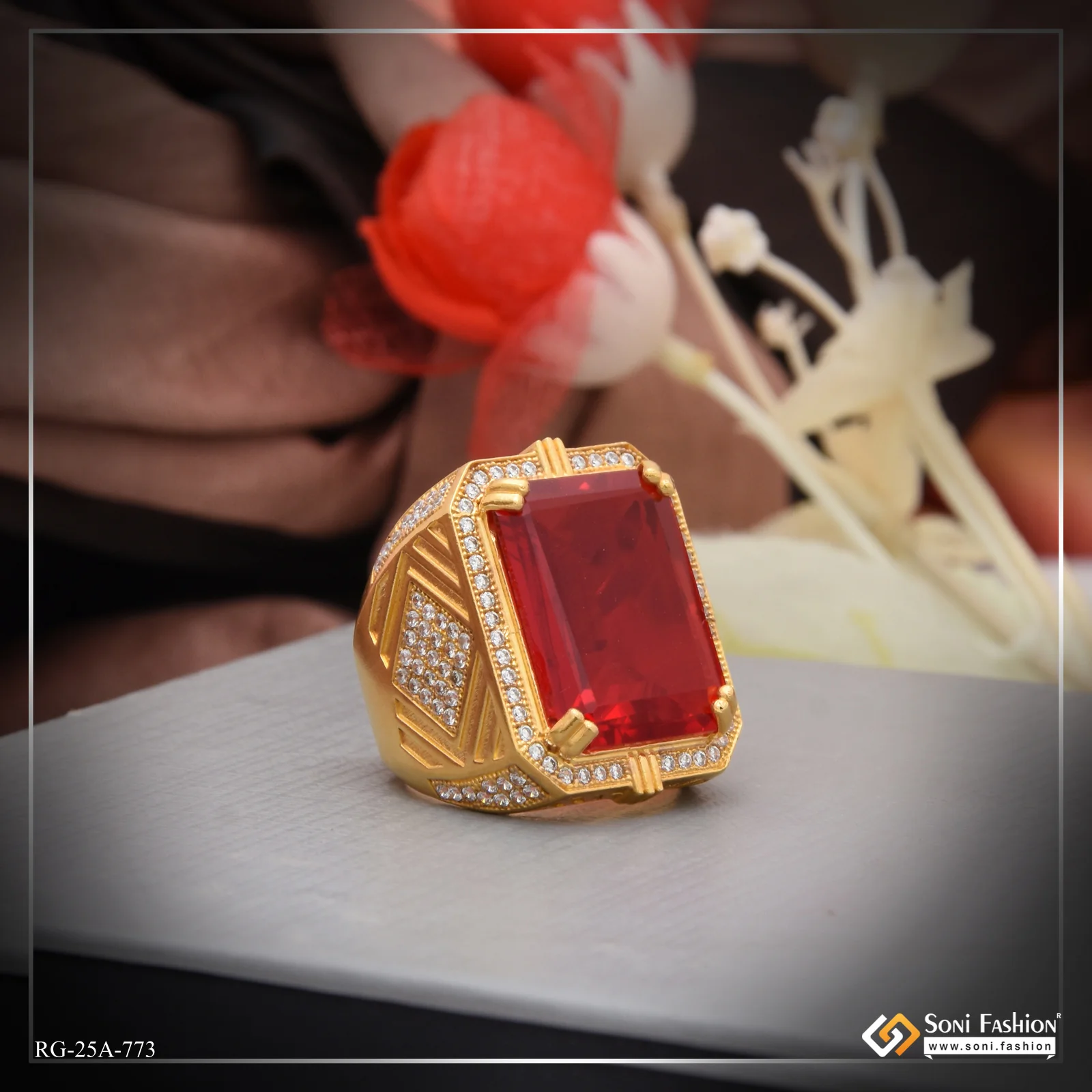 1 Gram Gold Plated Red Stone with Diamond Best Quality Ring for Men - Style A773 - Image 5