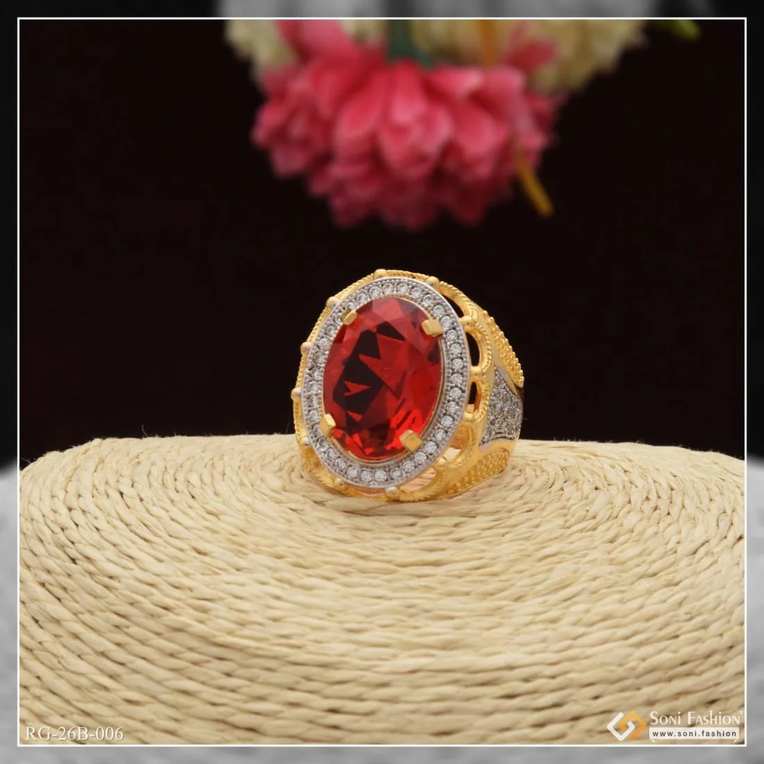 1 Gram Gold Plated Red Stone with Diamond Best Quality Ring for Men - Style B006 - Image 2