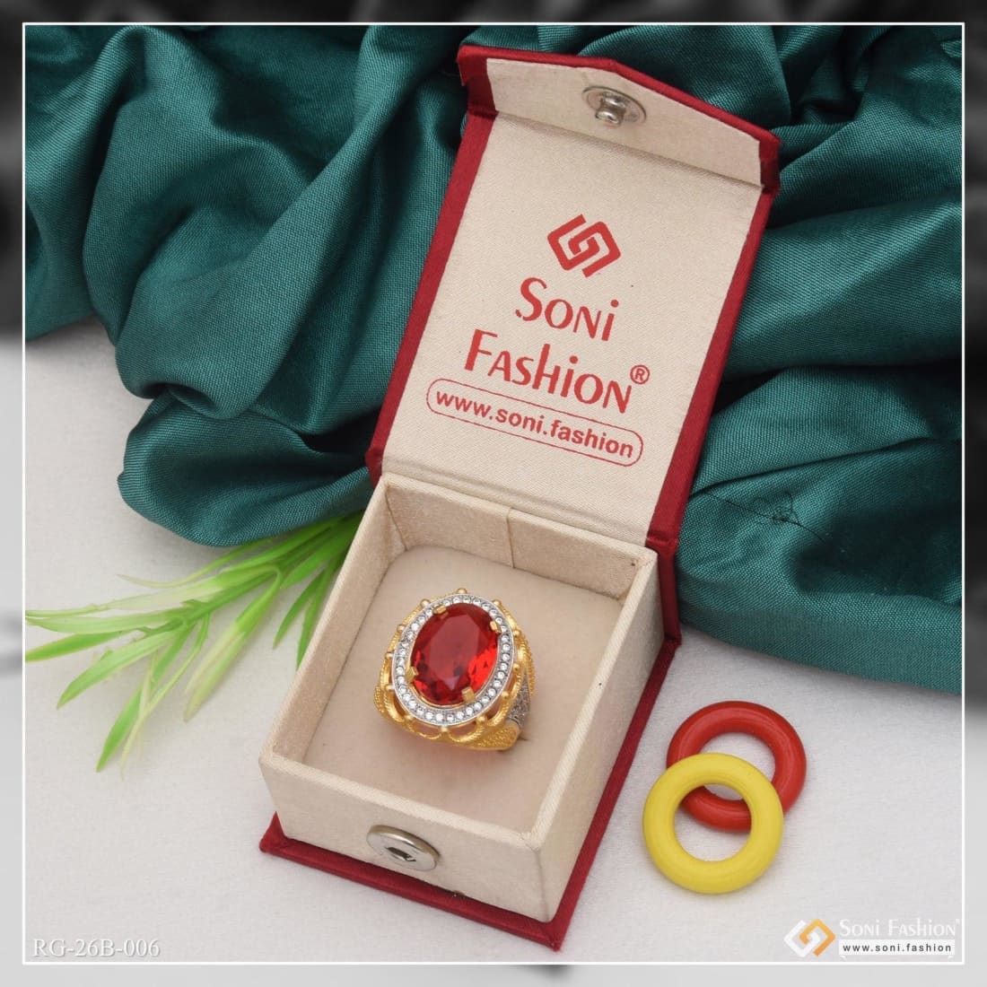 1 Gram Gold Plated Red Stone with Diamond Best Quality Ring for Men - Style B006 - Image 5