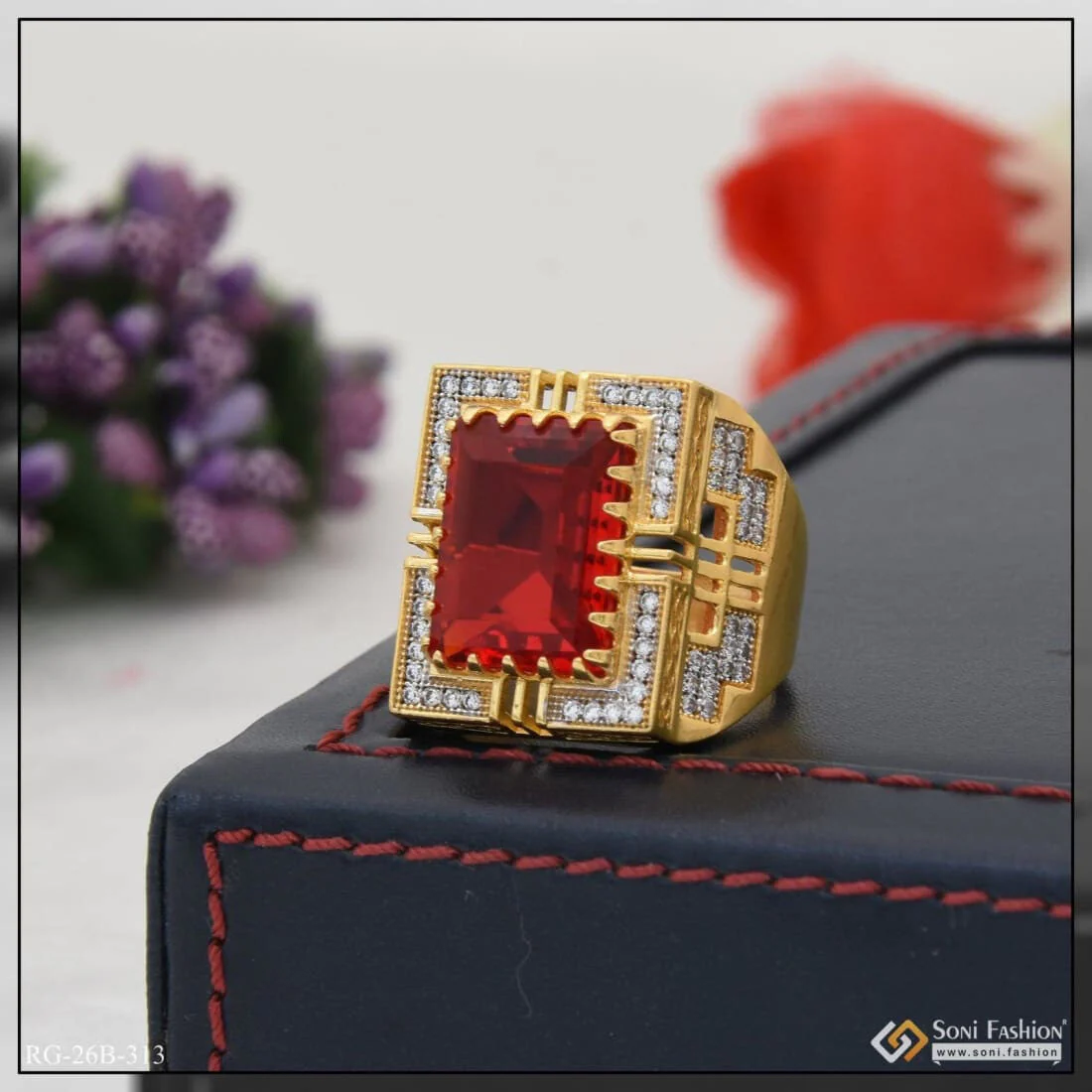 1 Gram Gold Plated Red Stone with Diamond Best Quality Ring for Men - Style B313 - Image 2