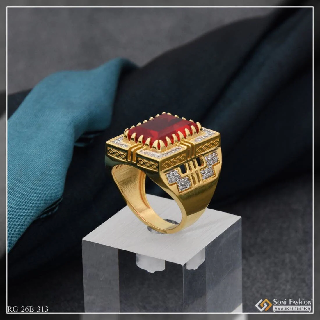 1 Gram Gold Plated Red Stone with Diamond Best Quality Ring for Men - Style B313 - Image 3