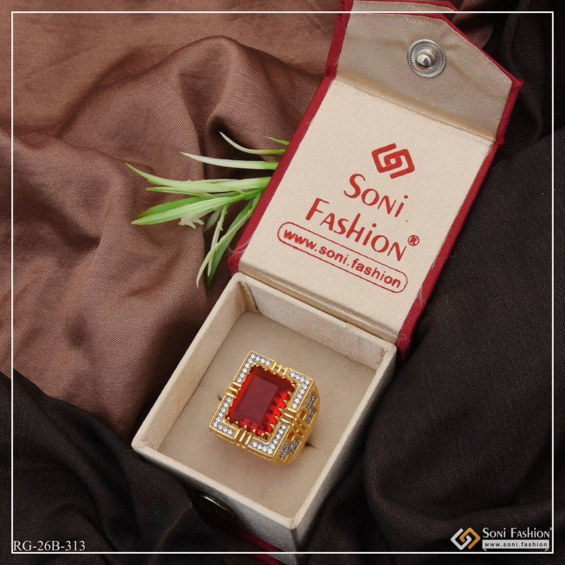 1 Gram Gold Plated Red Stone with Diamond Best Quality Ring for Men - Style B313 - Image 4
