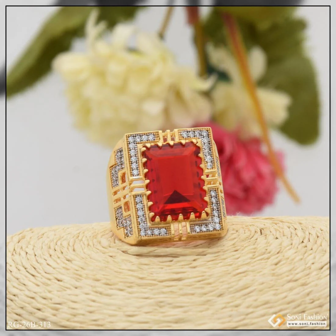 1 Gram Gold Plated Red Stone with Diamond Best Quality Ring for Men - Style B313 - Image 5