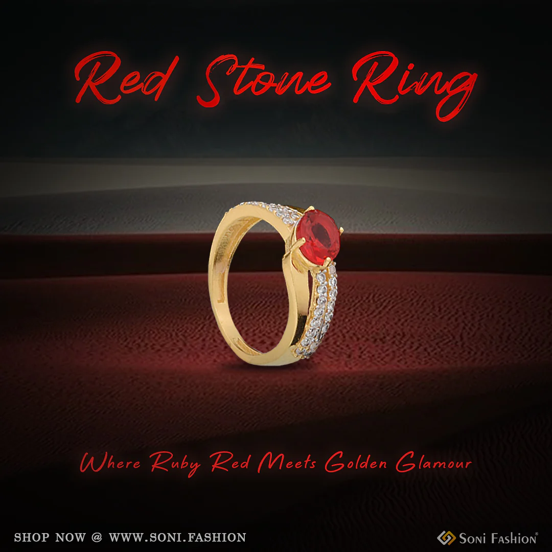 1 Gram Gold Plated Red Stone With Diamond Chic Design Ring For Ladies - Style Lrg-094
