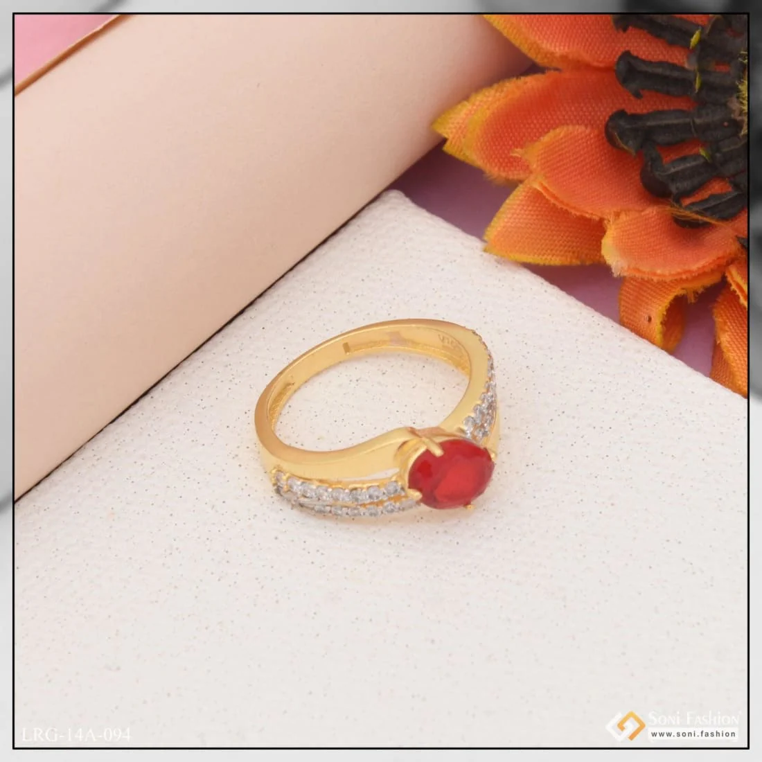 1 Gram Gold Plated Red Stone With Diamond Chic Design Ring For Ladies - Style Lrg-094 - Image 5