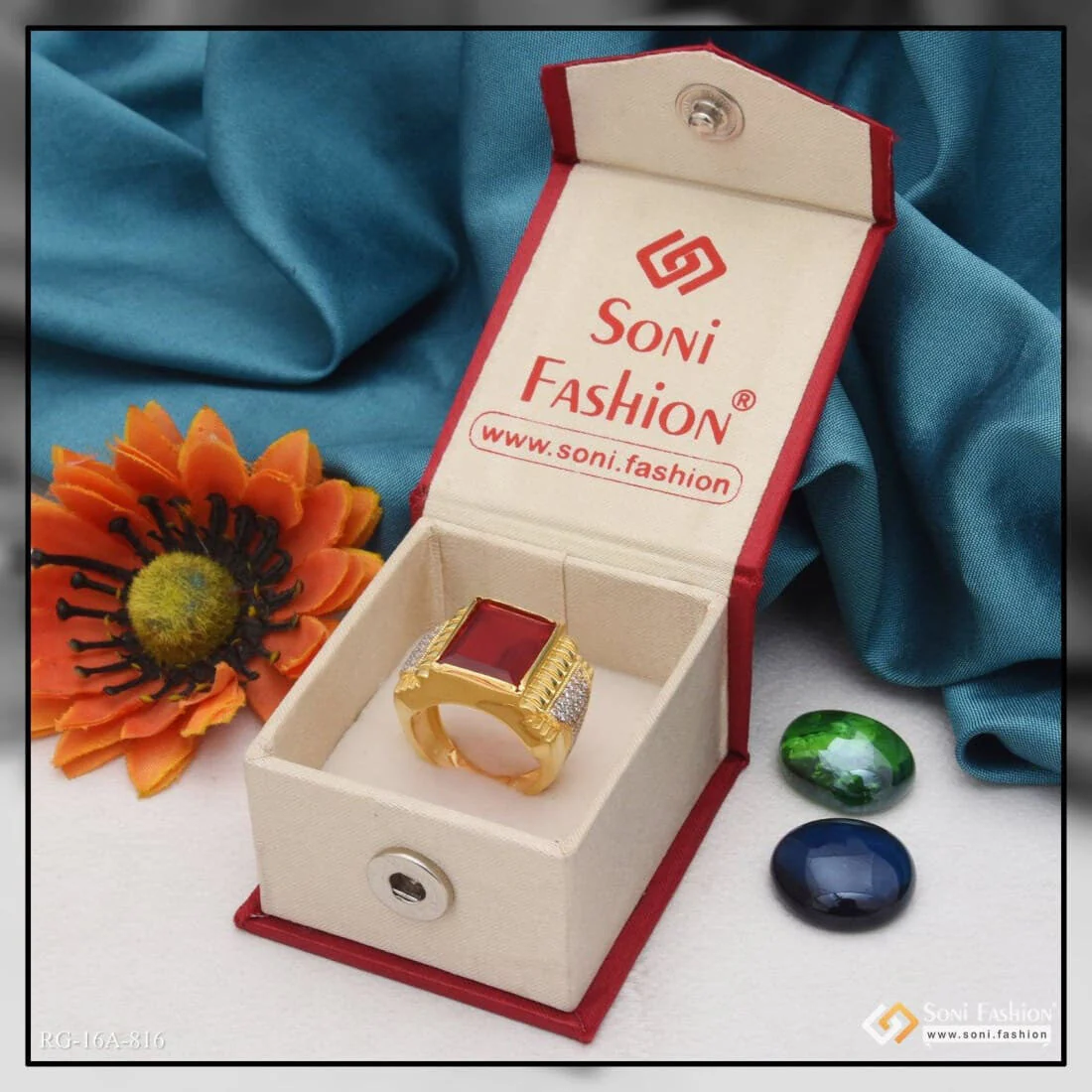 1 Gram Gold Plated Red Stone With Diamond Delicate Design Ring For Men - Style A816 - Image 2