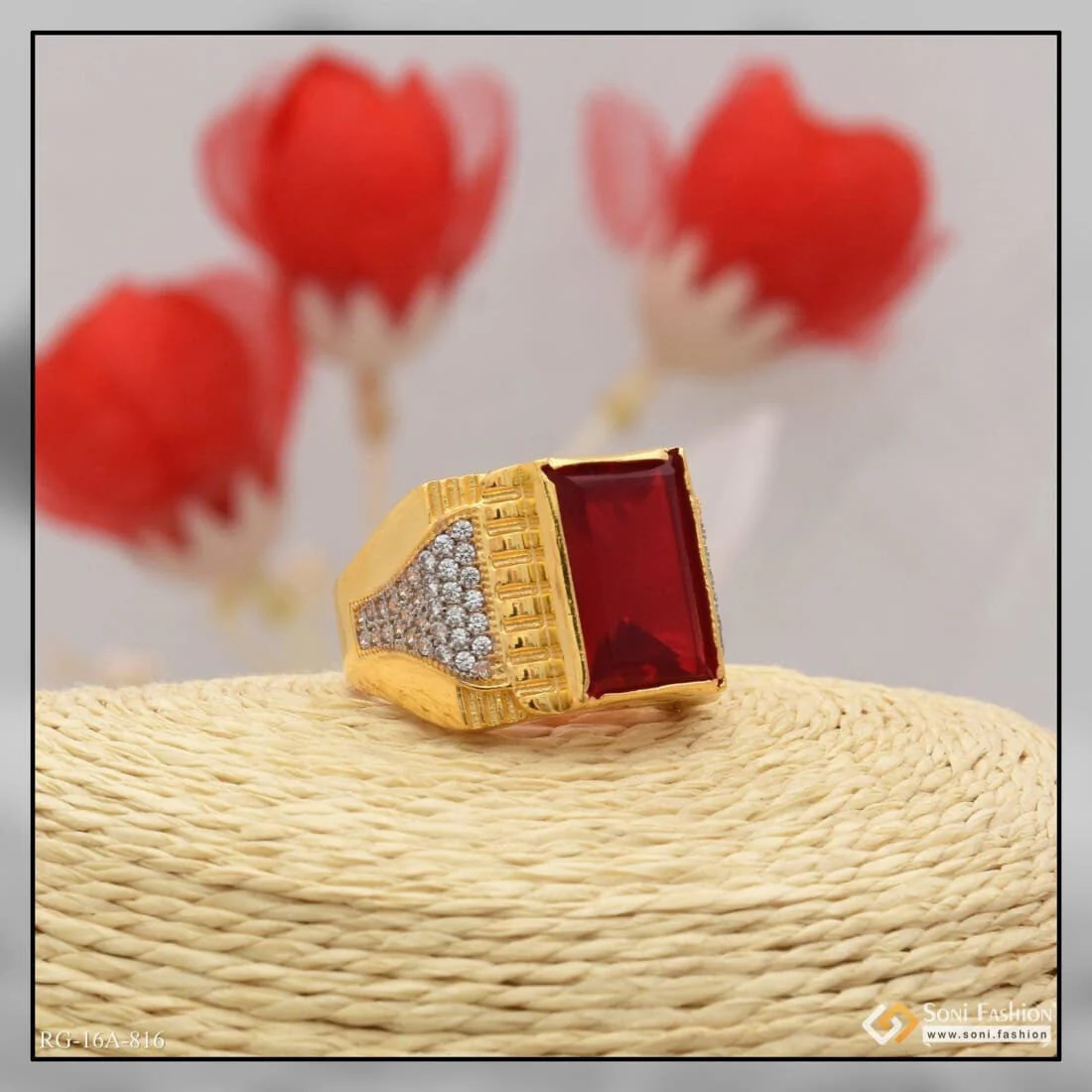 1 Gram Gold Plated Red Stone With Diamond Delicate Design Ring For Men - Style A816 - Image 3