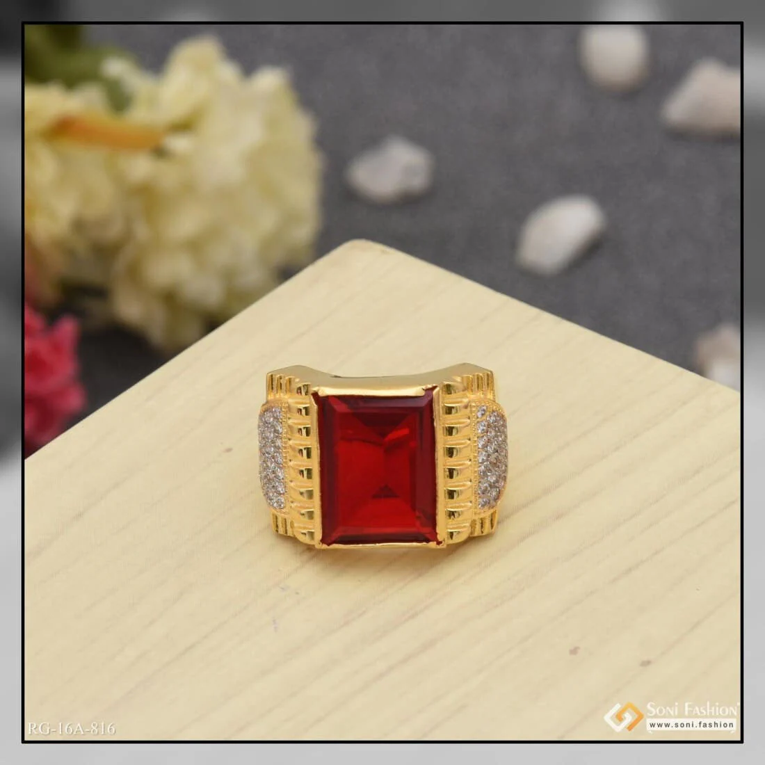 1 Gram Gold Plated Red Stone With Diamond Delicate Design Ring For Men - Style A816 - Image 4