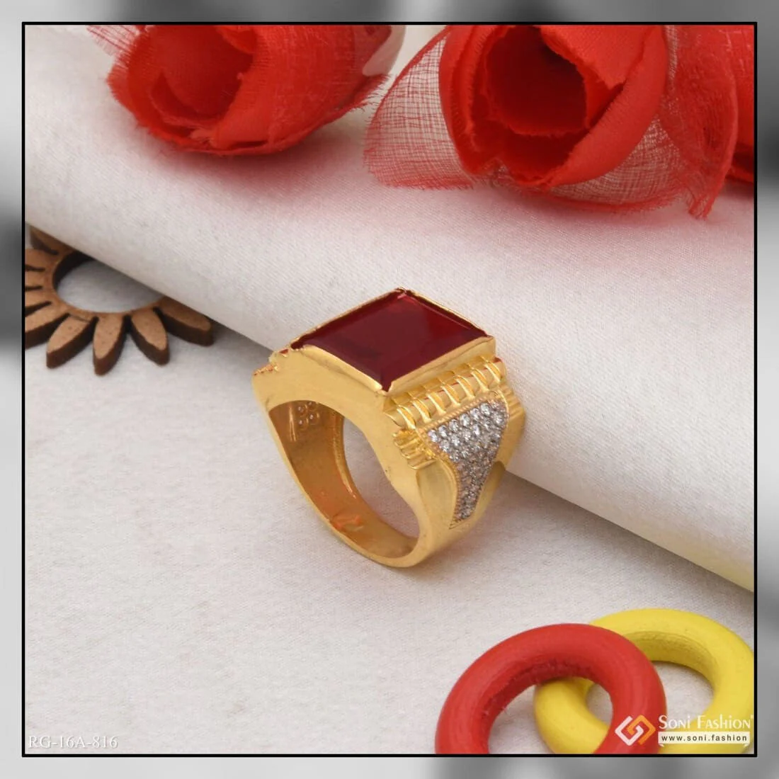 1 Gram Gold Plated Red Stone With Diamond Delicate Design Ring For Men - Style A816 - Image 5
